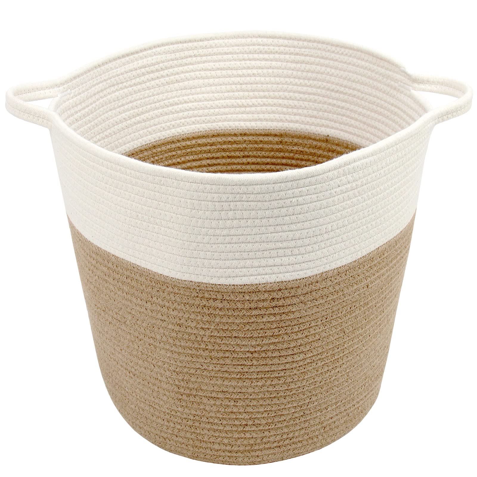 Casaphoria Natural Woven Cotton Rope Storage Basket Jute Laundry Basket for Bedroom  for Organizing Towels Blanket Basket for Bathroom Bicolor Round Blending Woven Hampe with Handles for Living Room