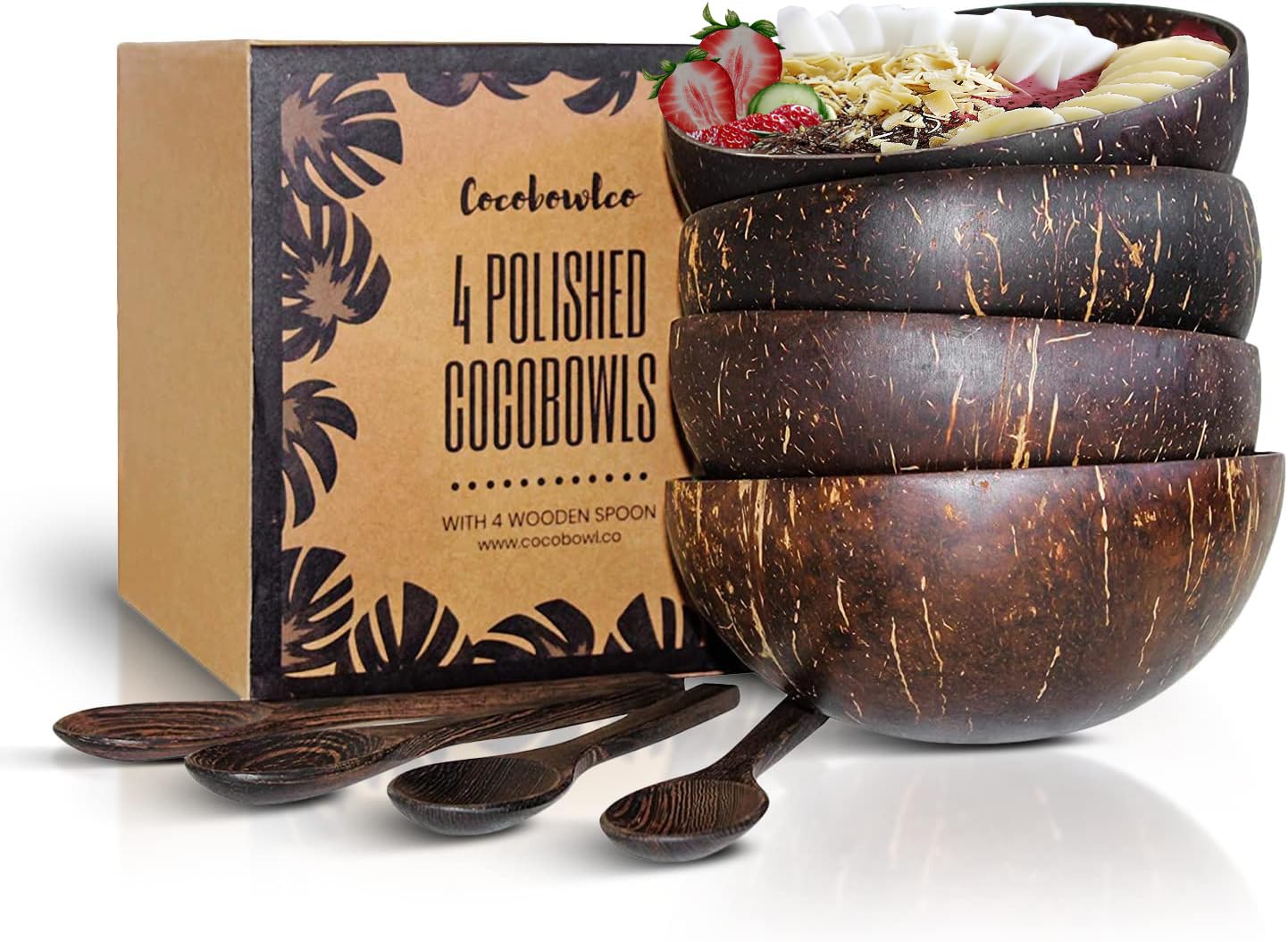 COCOBOWLCO Coconut Bowl & Wooden Spoons Set, Eco Friendly Kitchen Decor, Acai/ Smoothie Bowls - Birthday Gifts for Women (4, Pol