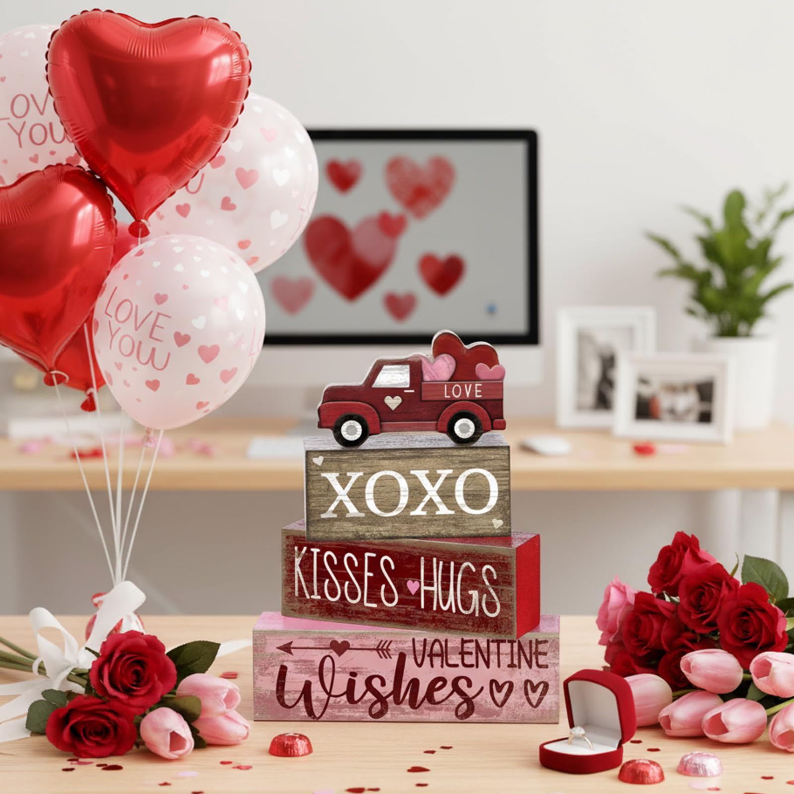 Lineshading 4 Pcs Valentine s Day Table Decoration Wooden Heart Truck Decor Valentine Tiered Tray Decor Valentine s Day Centerpi