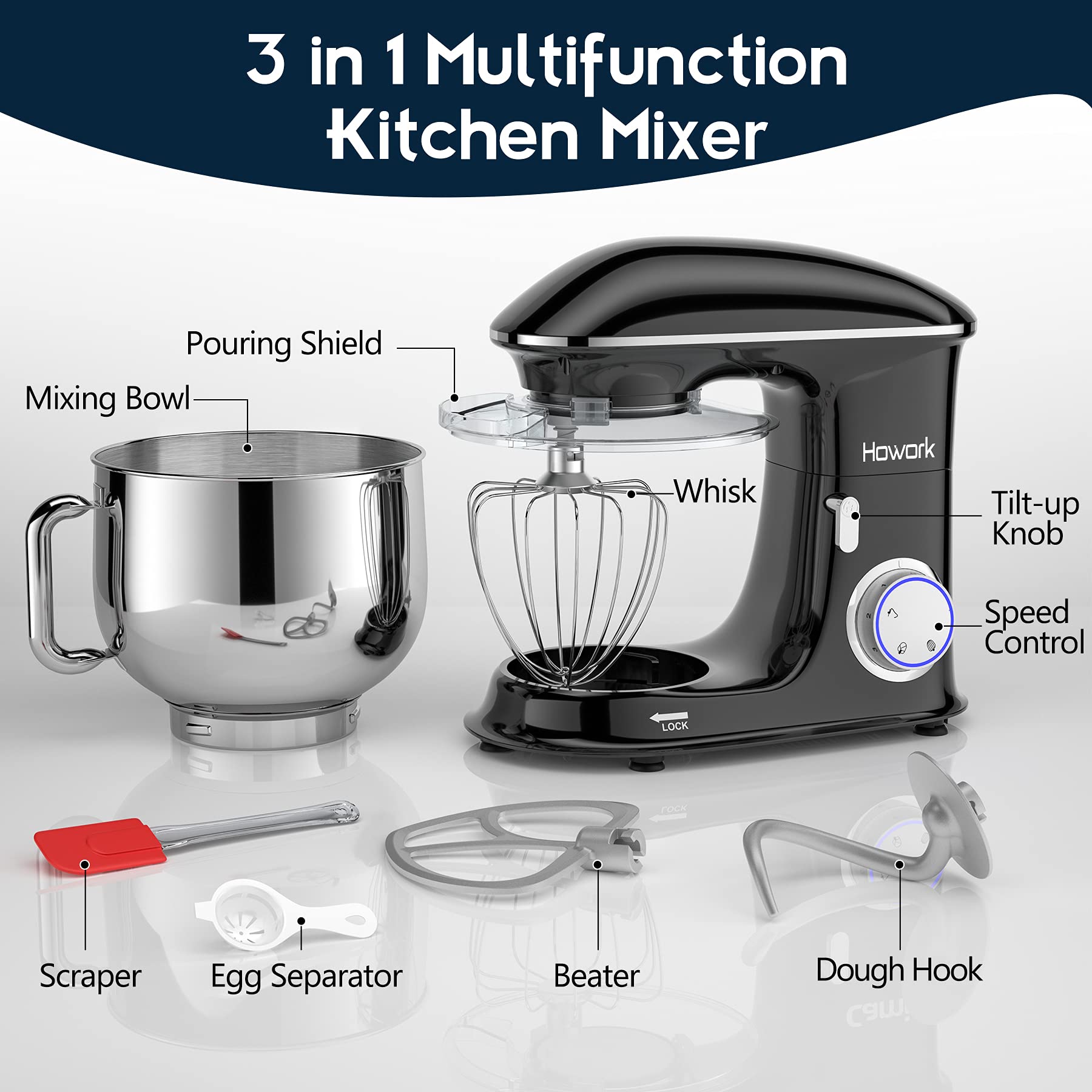 Howork 8.5Qt Stand Mixer, 660W 6+P Speed Tilt-Head, Electric Kitchen Mixer With Dishwasher-Safe Dough Hook, Beater, Wire Whip &