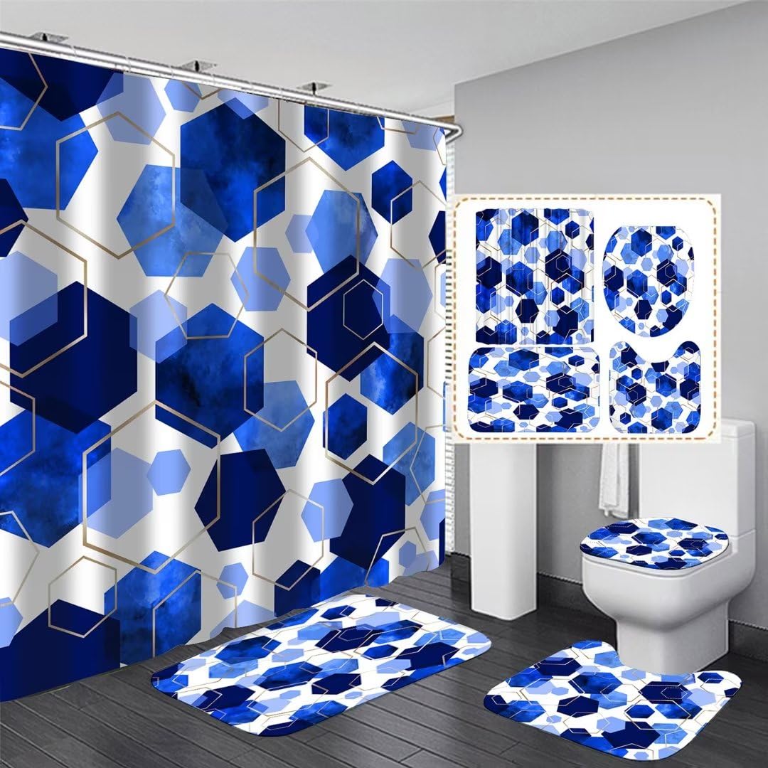 Lqcool Blue Bathroom Curtain Set, 4Pcs Modern Art Geometric Shower Curtain With 12 Hooks, Waterproof, Blackout, 70.8' L X 70.8'