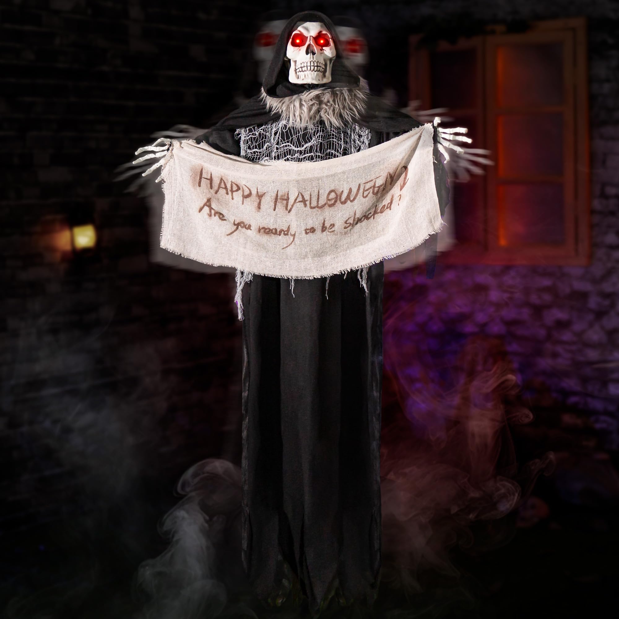 Halloween Animatronics 5ft Hanging Grim Reaper, 60in Animated Skeleton Decorations with Banner, Sound Activated, Creepy Voice, S