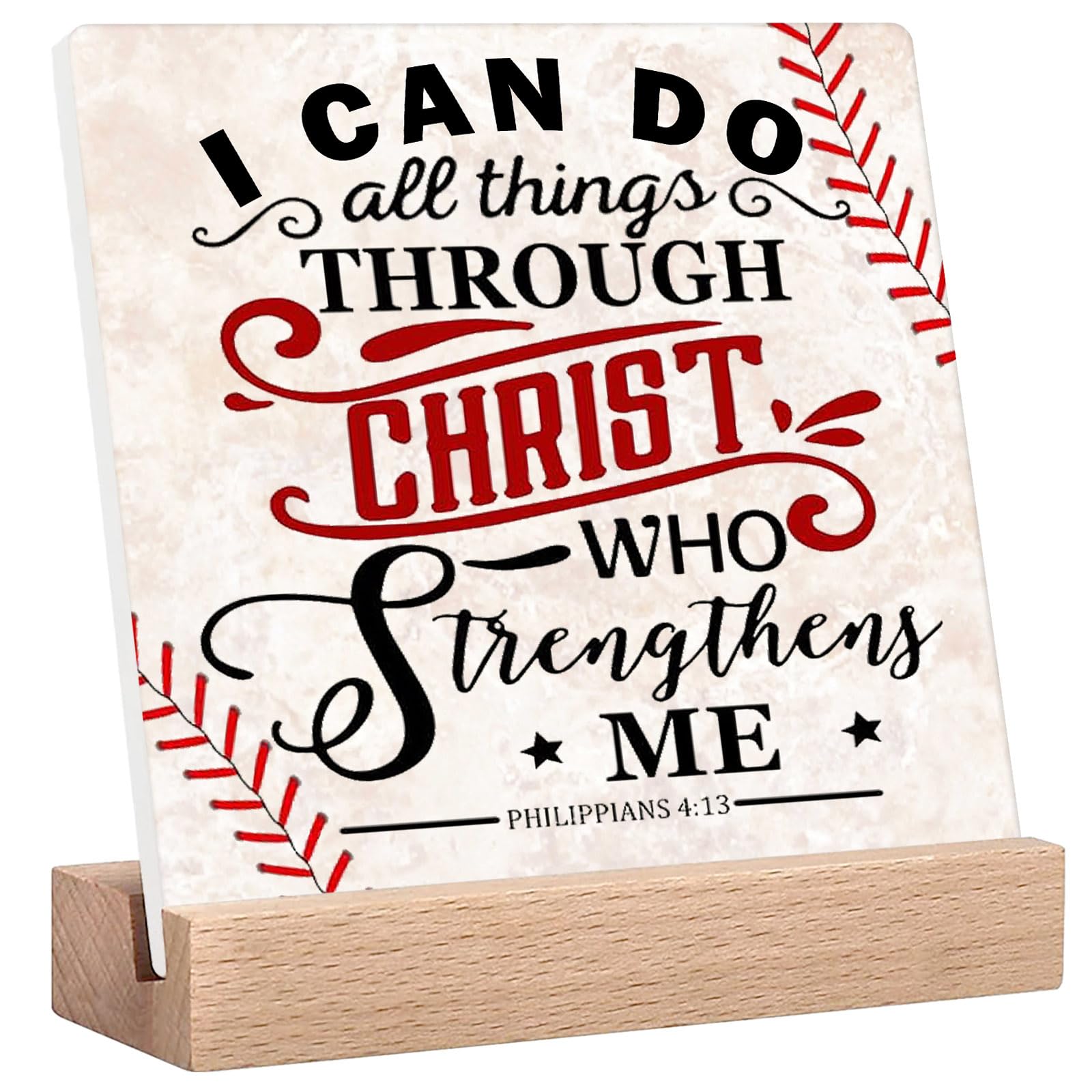 Motivational Baseball Desk Decor Sign, Inspirational Christian Gifts for Boys - I Can Do All Things Through Christ Bible Verse