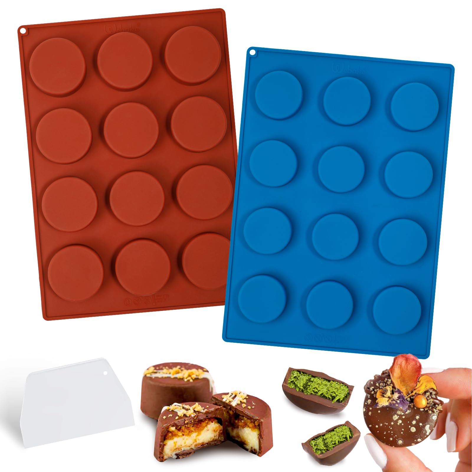 Webake Mini Size Cake Puck Mold Set, Silicone Flat Cake Pop Molds 1.75 x 0.75, BPA Free 2 Molds and 1 Scraper