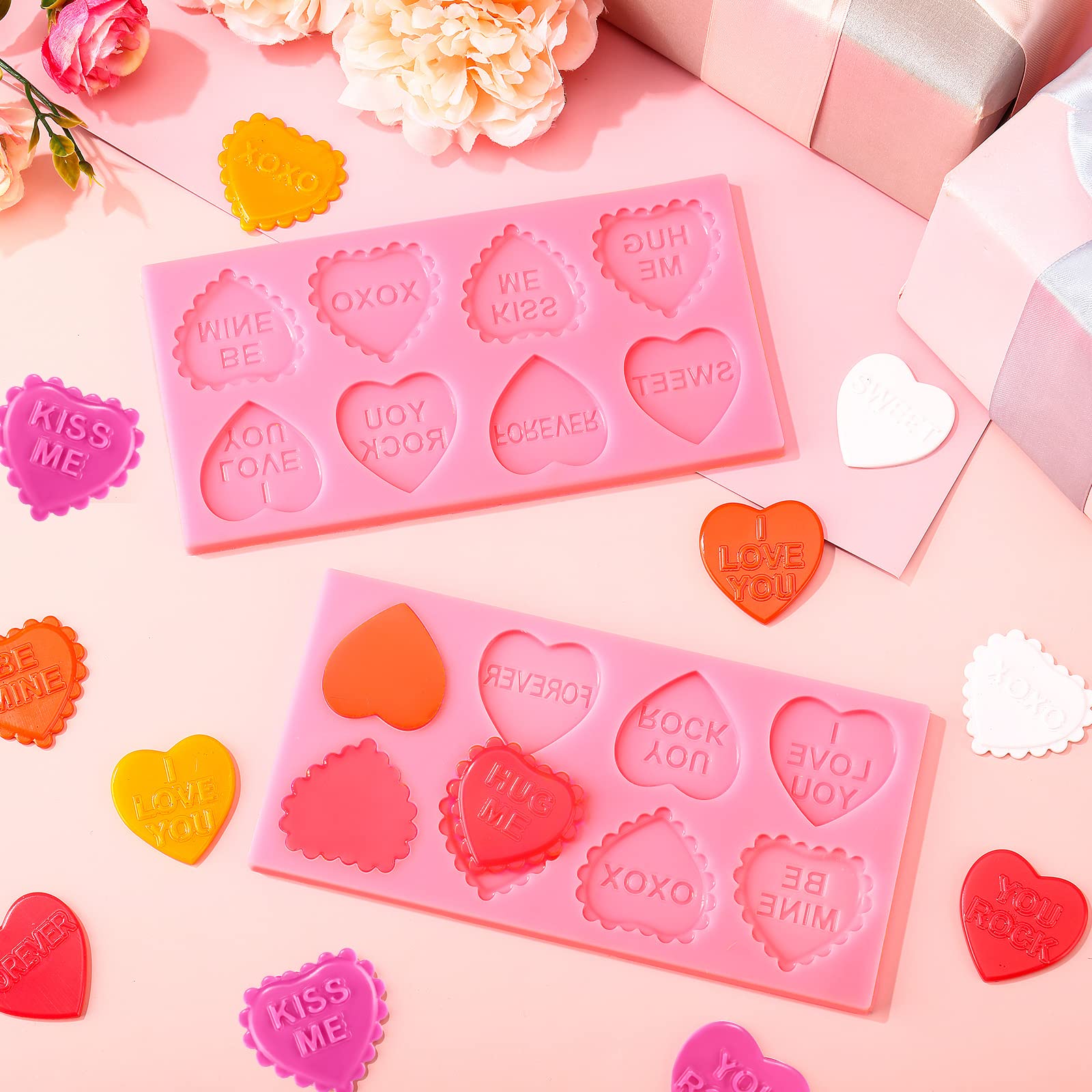 2 Pieces Valentines Day Mold Heart Shape Candy Oreo Molds Silicone Mini Heart Candy Mold Love Valentine Silicone Mold Pink Heart