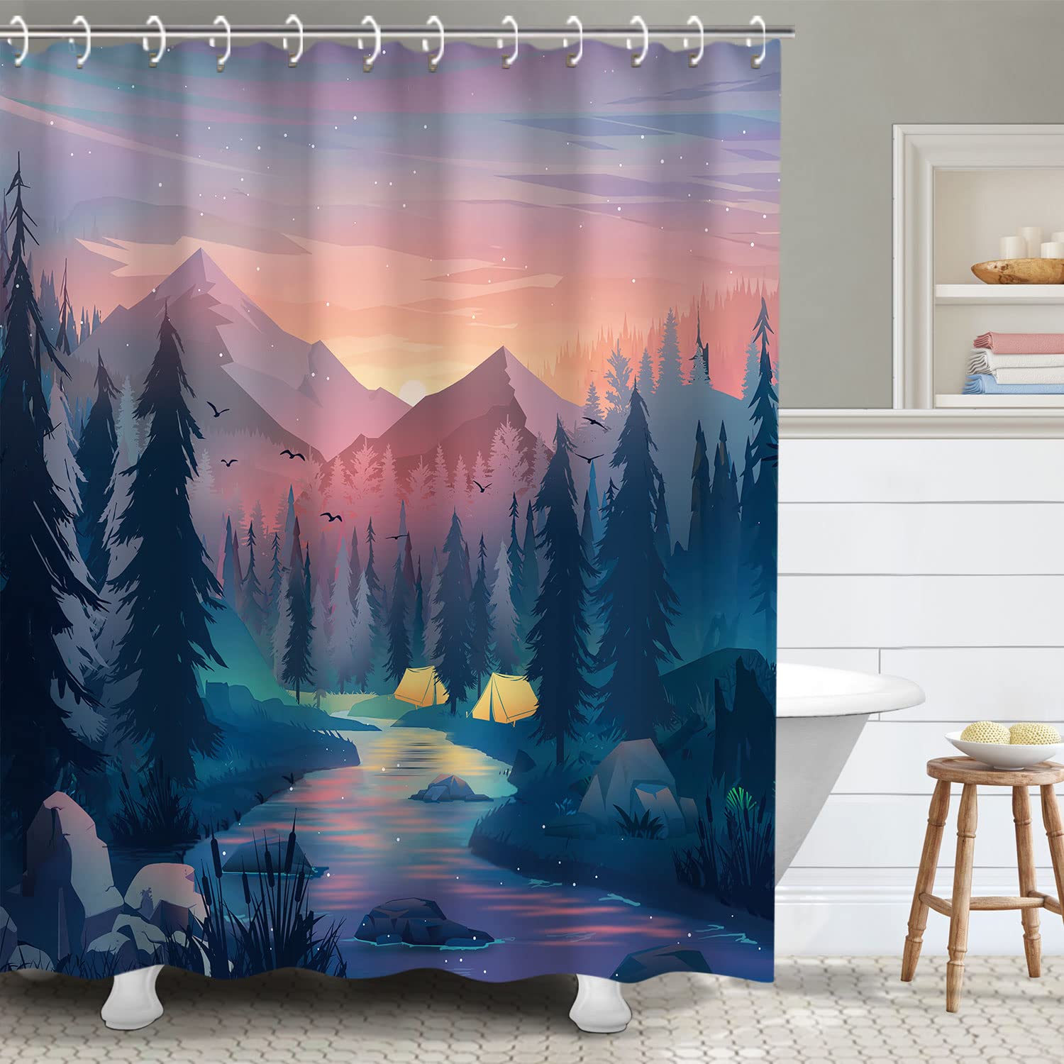 RosieLily Trippy Shower Curtain  Mountain Shower Curtain  Forest Shower Curtain  Cool Shower Curtain  Tree Shower Curtain Set with 12 Hooks  Bathroom Decor  72X72 inches