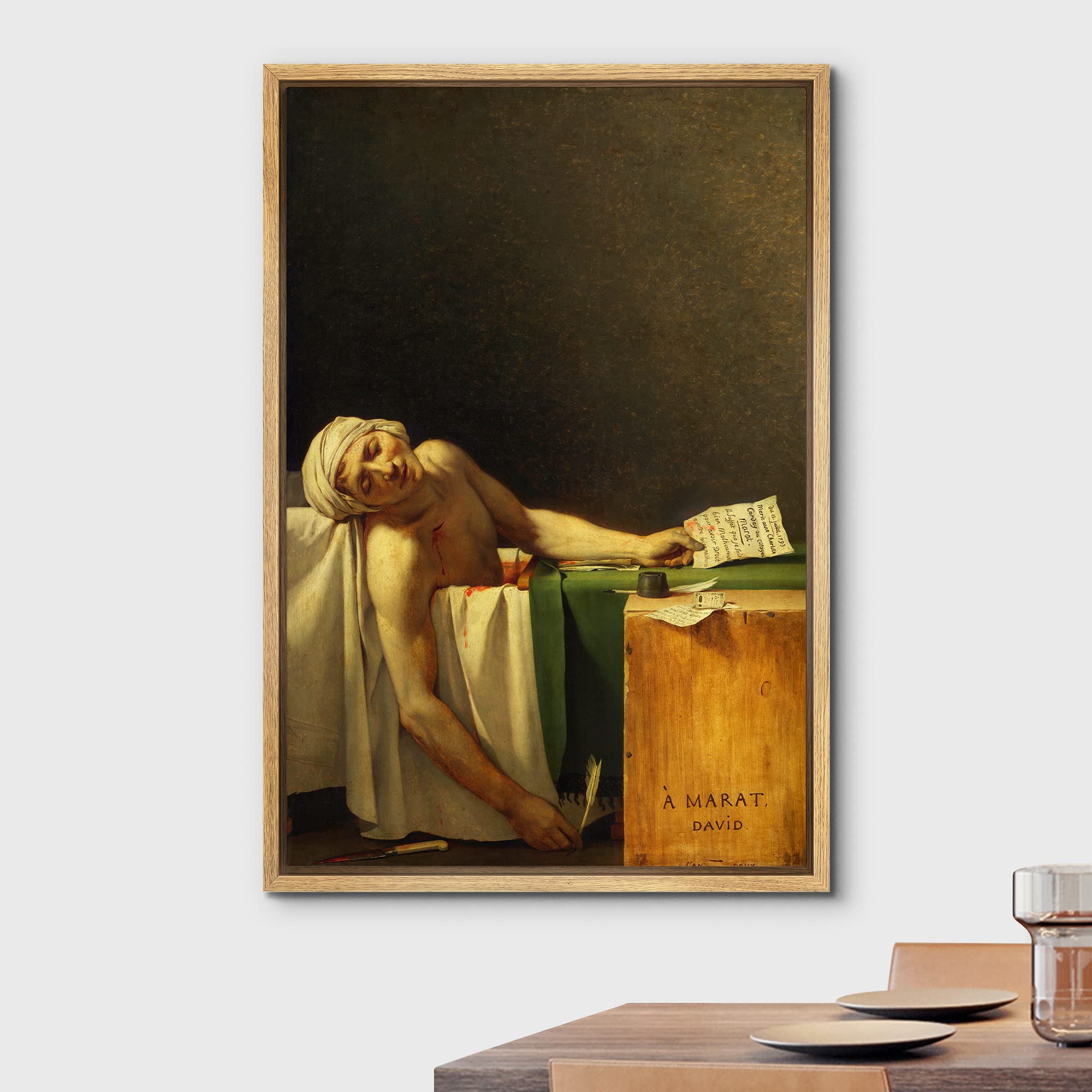 Wall26 - The Death Of Marat By Jacques-Louis David - Framed Canvas Print Wall Art Famous Painting Reproduction - 16''X24'' Natur