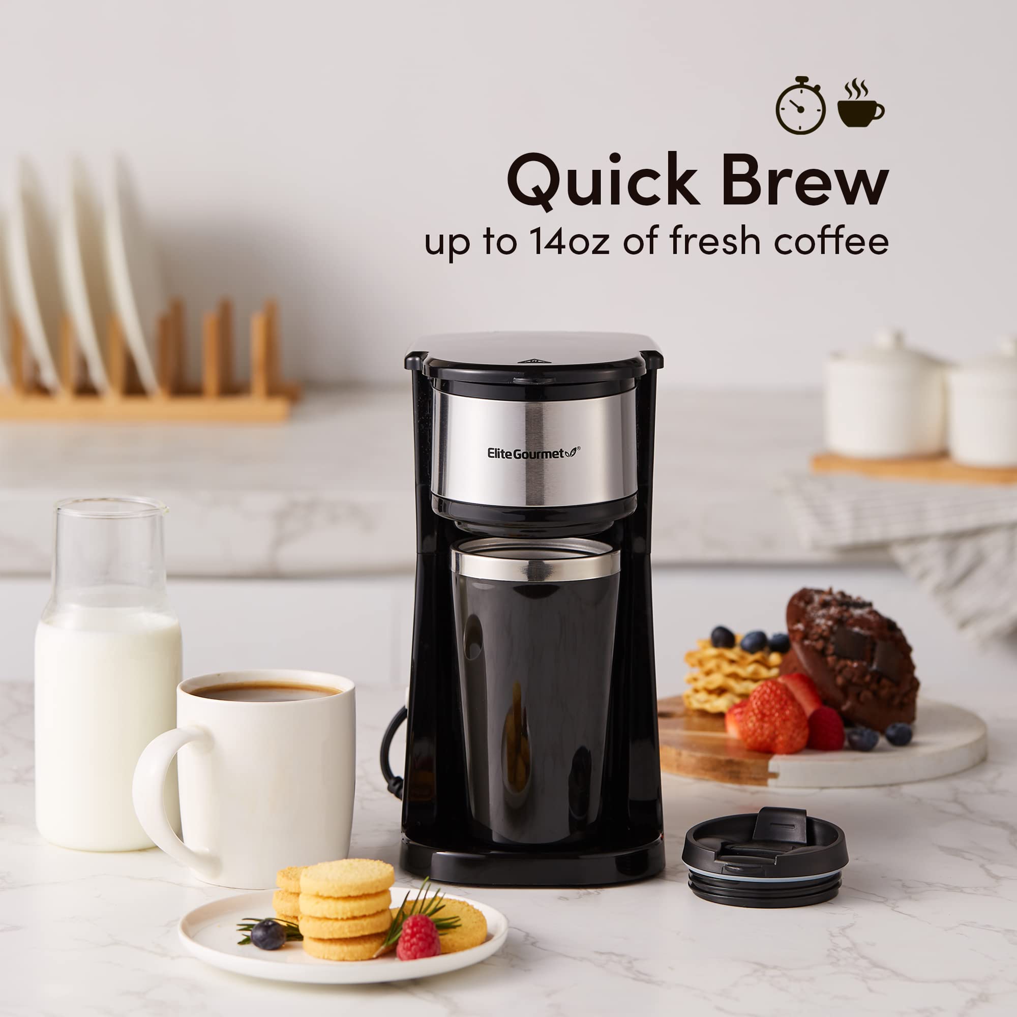 Elite Gourmet Ehc-112B Personal Single-Serve Compact Coffee Maker Brewer Includes Stainless Steel Interior Thermal Travel Mug, C