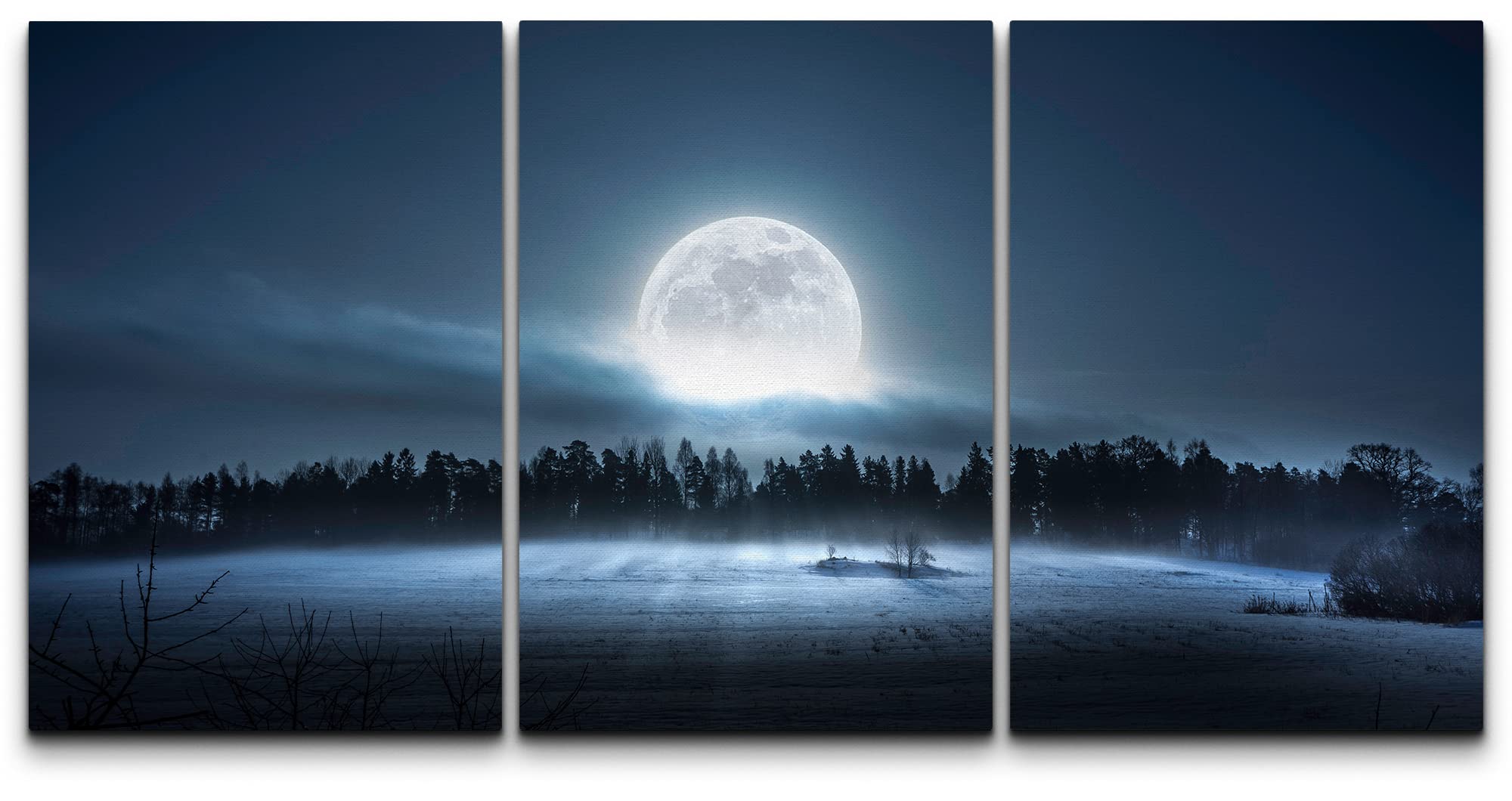 Wall26 - 3 Piece Canvas Wall Art - The Moon Rising Over The Forest And Meadow In The Cold And Misty Morning - Modern Home Art St
