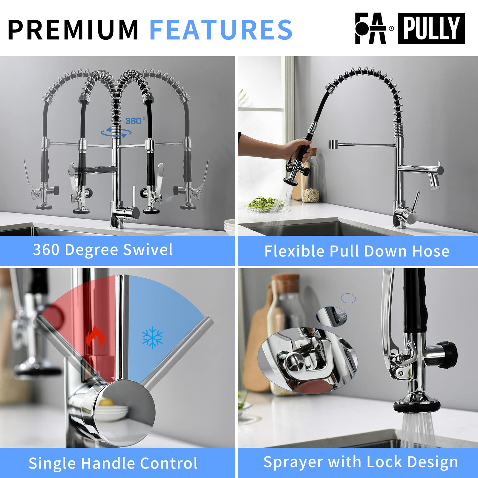 Fapully Kitchen Faucet With Pull Down Sprayer,Commercial Single Handle Kitchen Sink Faucet With Led Light Chrome