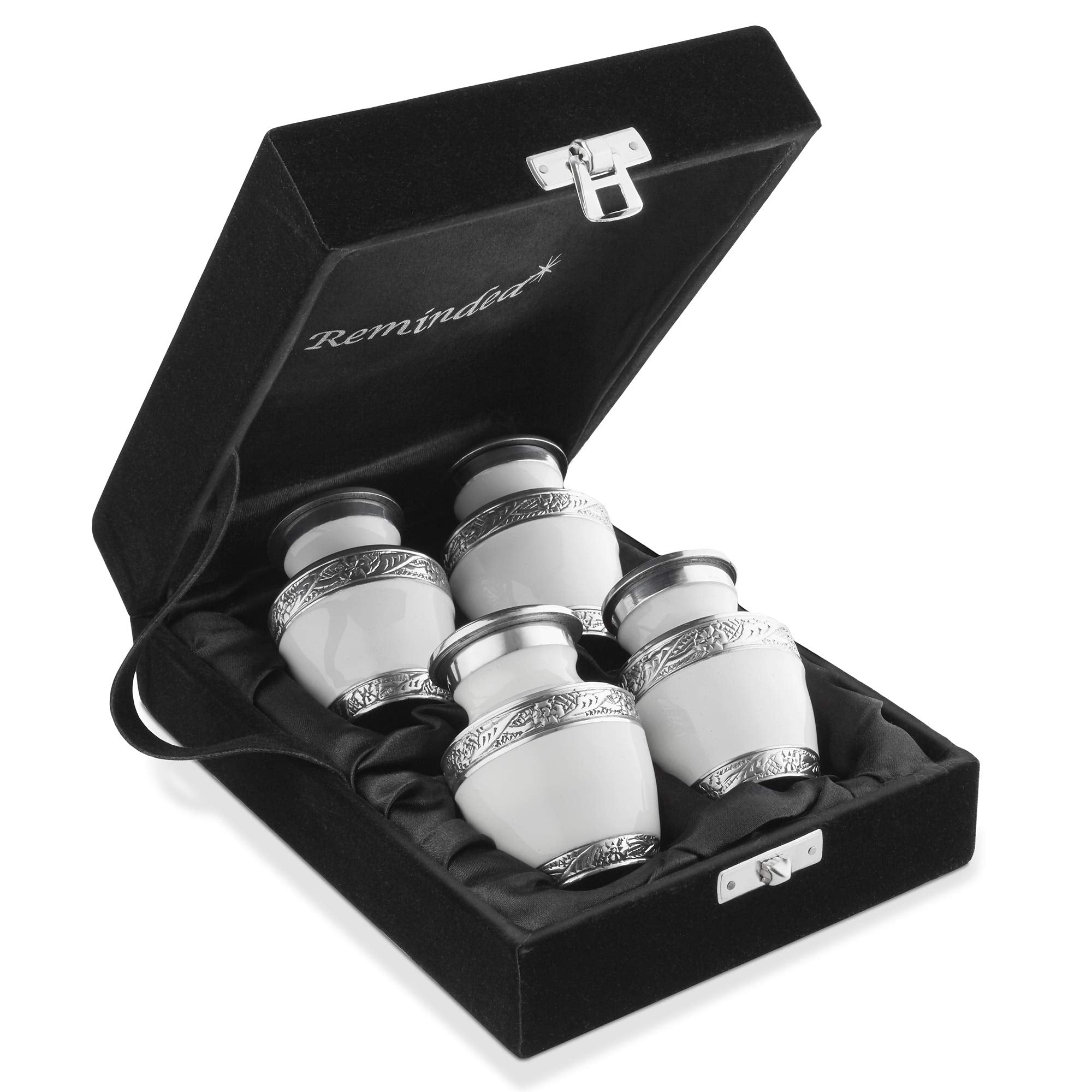 Reminded Small Cremation Urns for Human Ashes, Mini Keepsake Set of 4 White and Silver with Velvet Case