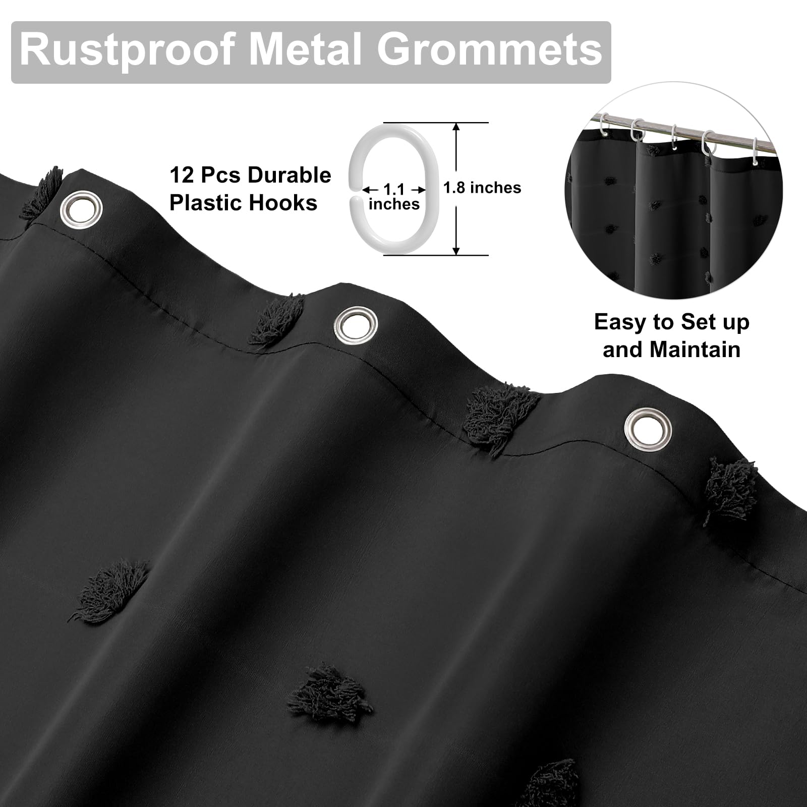 Lilycat Boho Farmhouse Black Fabric Shower Curtain, 72X72 Tufted Pleat Floral Puffs Textured Tassel Cute Shower Curtain For Rust