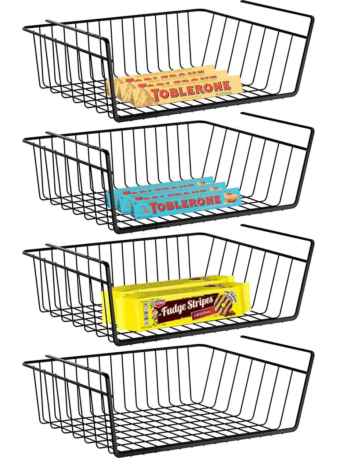 Dveda 4 Pack Under Shelf Basket, Under Cabinet Organizer Shelf, Durable Metal Wire Rack Hanging Basket Storage Rack, Shelf Organ