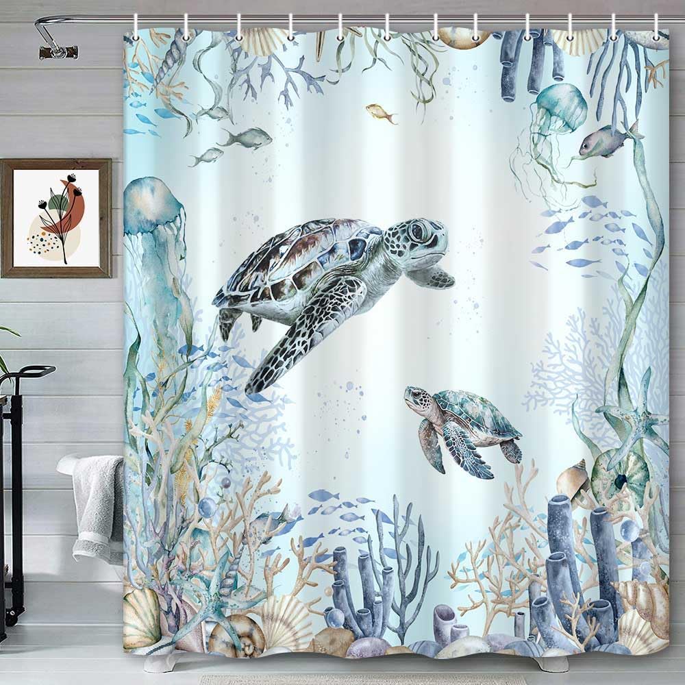Emwnodti Sea Turtle Shower Curtain Coastal Beach Ocean Themed Bathroom Decoration, Underwater Marine Life Fish Jellyfish Coral T