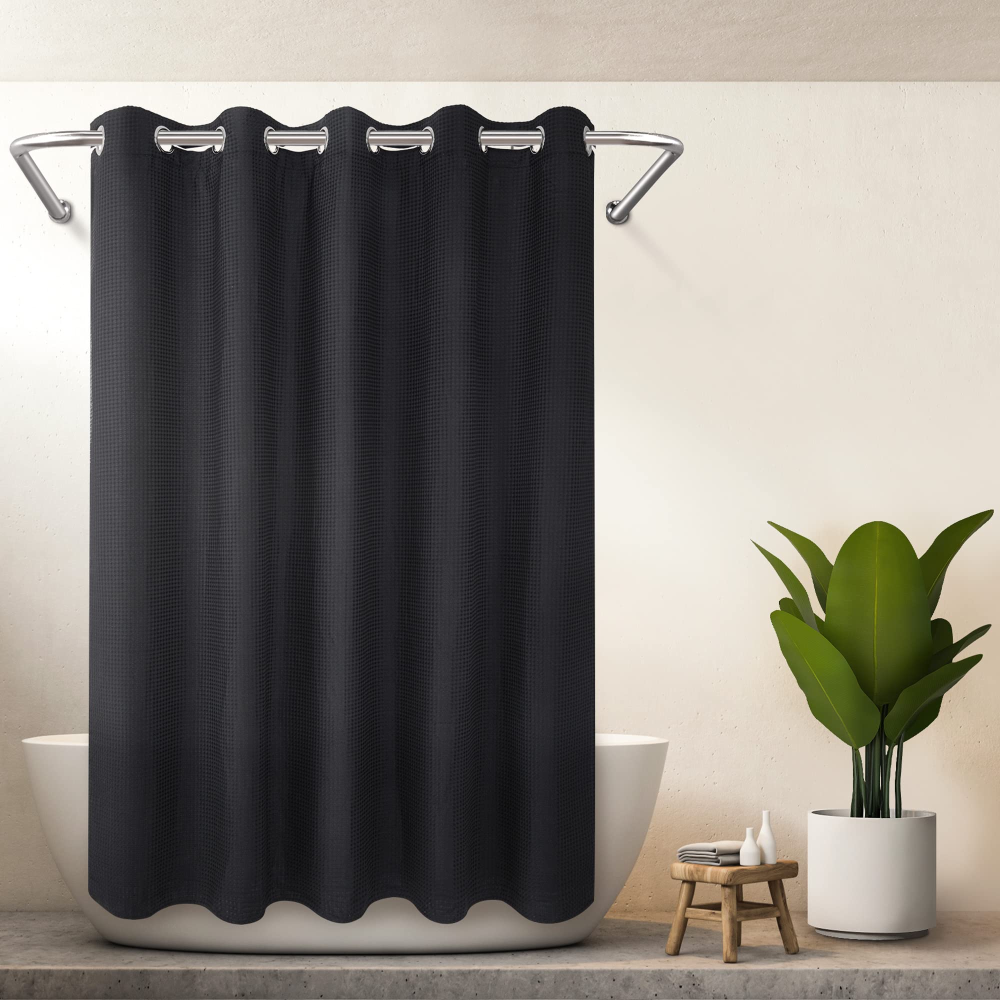 River Dream Hotel Grade No Hooks Needed Shower Curtain With Snap In Liner,Water Repellent, Machine Washable (Black, 71''X74''(W/