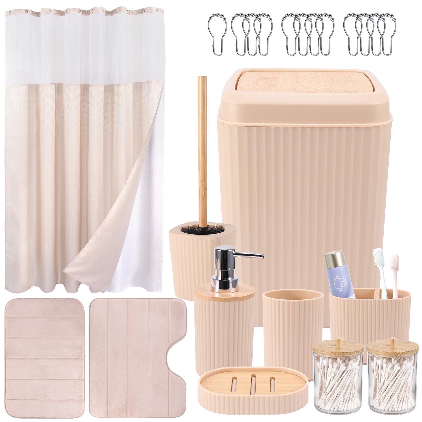 Complete Beige Bathroom Accessories Set 23Pcs - Waffle Shower Curtain With Snap-In Liner, 2Pcs Bath Rug, Trash Can, Toilet Brush