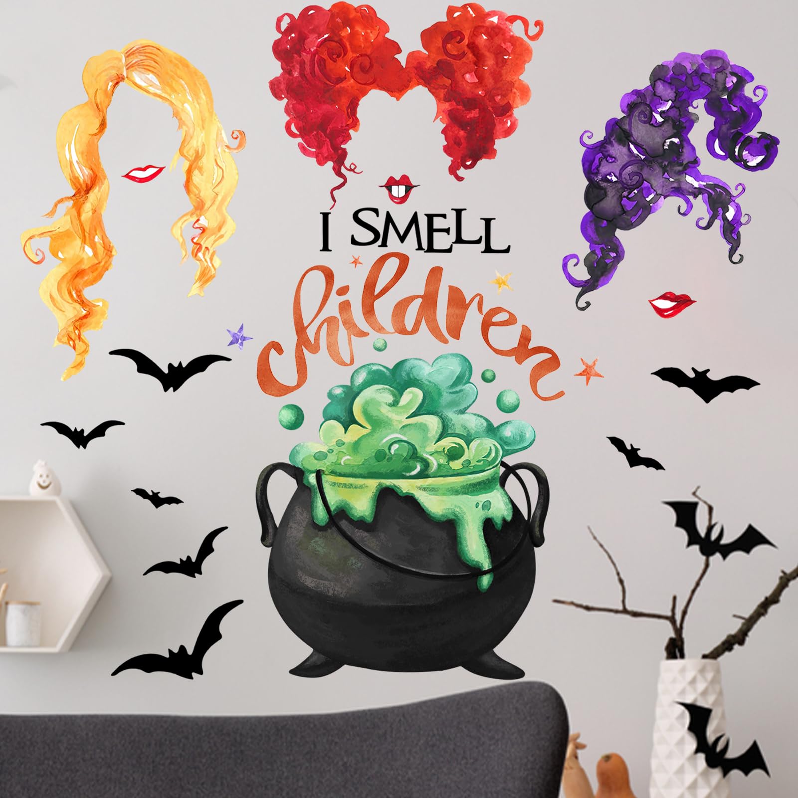 Mfault Halloween I Smell Children Wall Decals Stickers, Sanderson Sisters Witch Caldron Bat Decorations Bedroom Art, Hocus Pocus