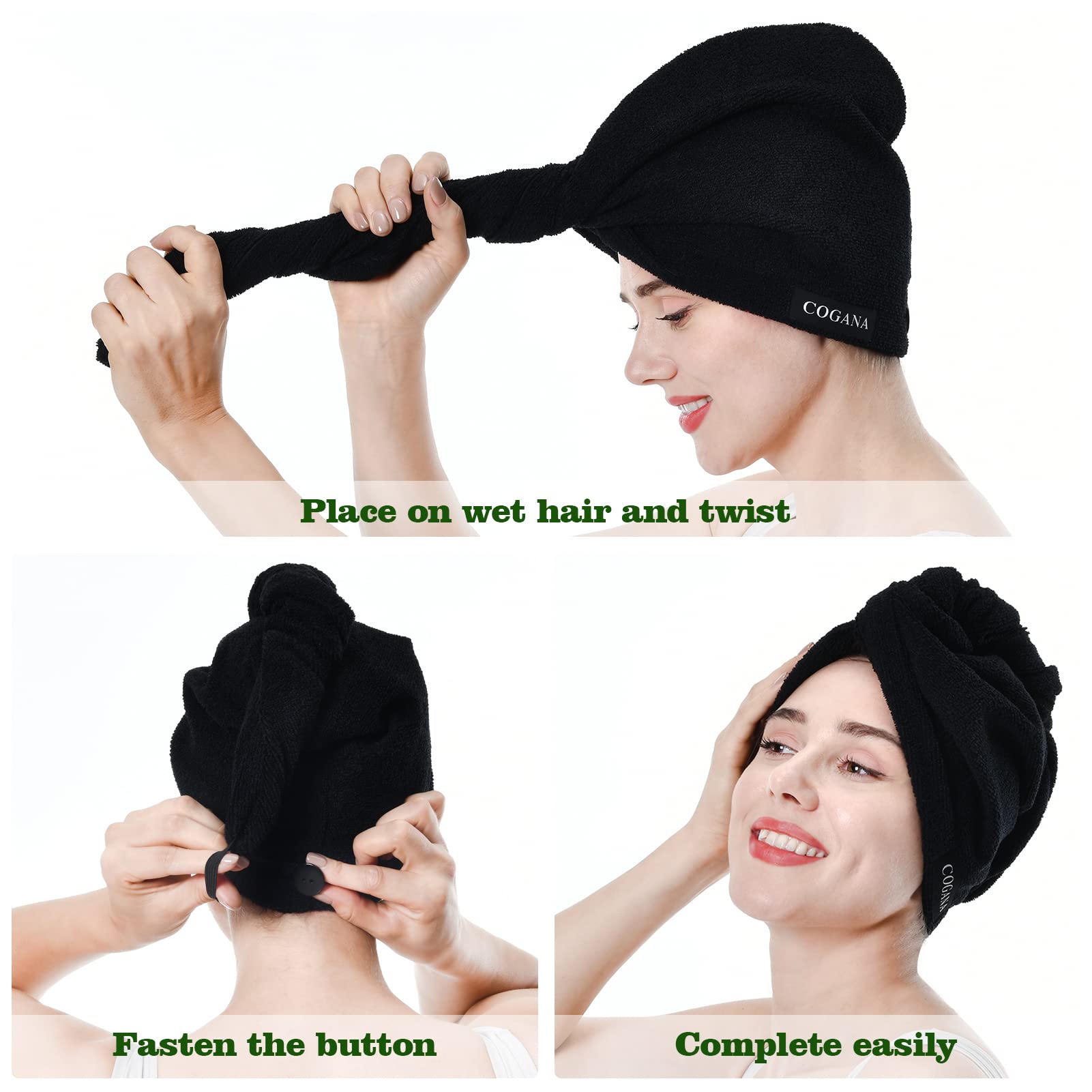 COGANA 3Pack Microfiber Hair Towels, Hair Towel Wrap for Women, Hair Drying Towel with Button, Hair Wrap Towel for Curly Hair, H