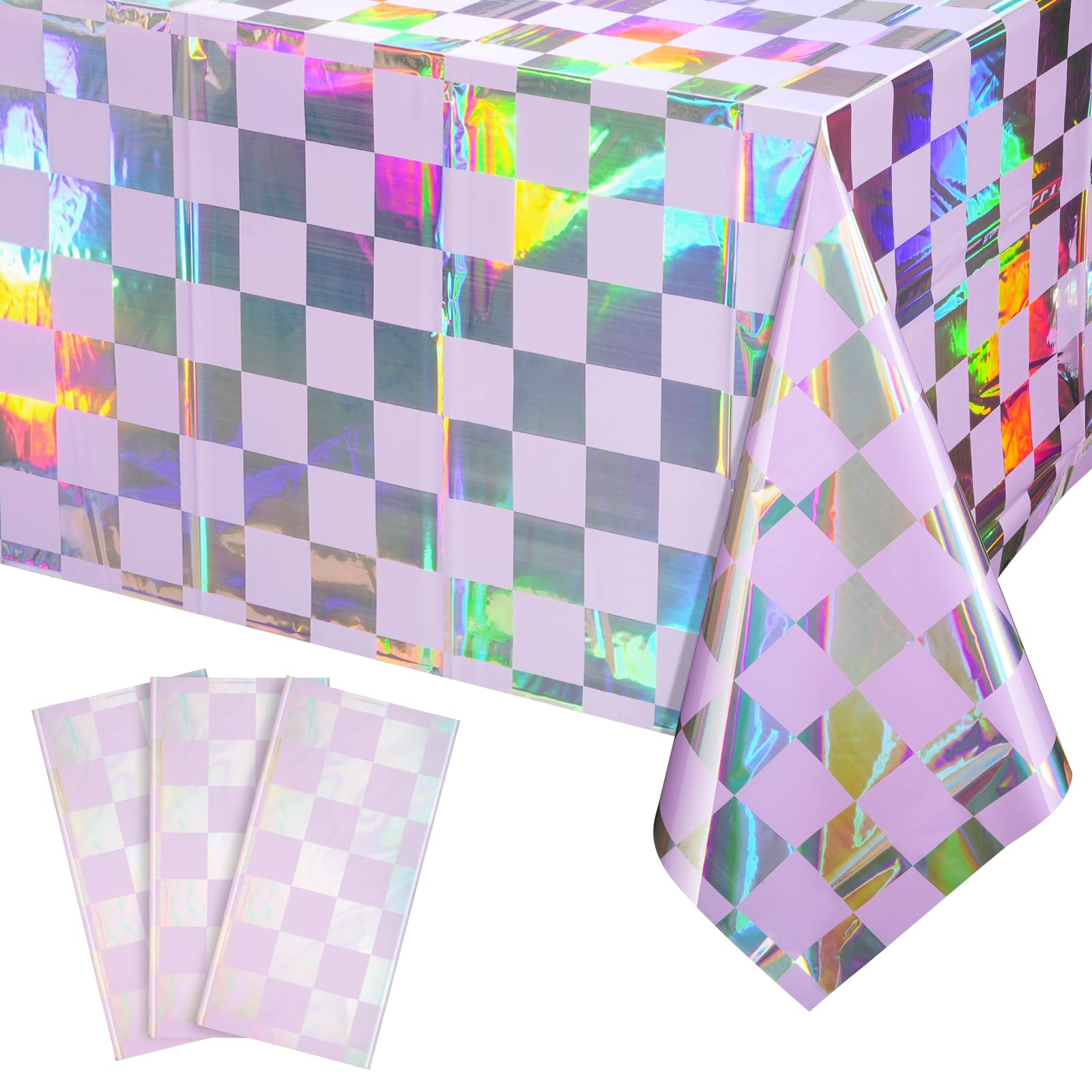 3Pack Iridescent Checkered And Purple Plastic Tablecloths Shiny Disposable Laser Rectangle Table Covers Holographic Foil Tablecl