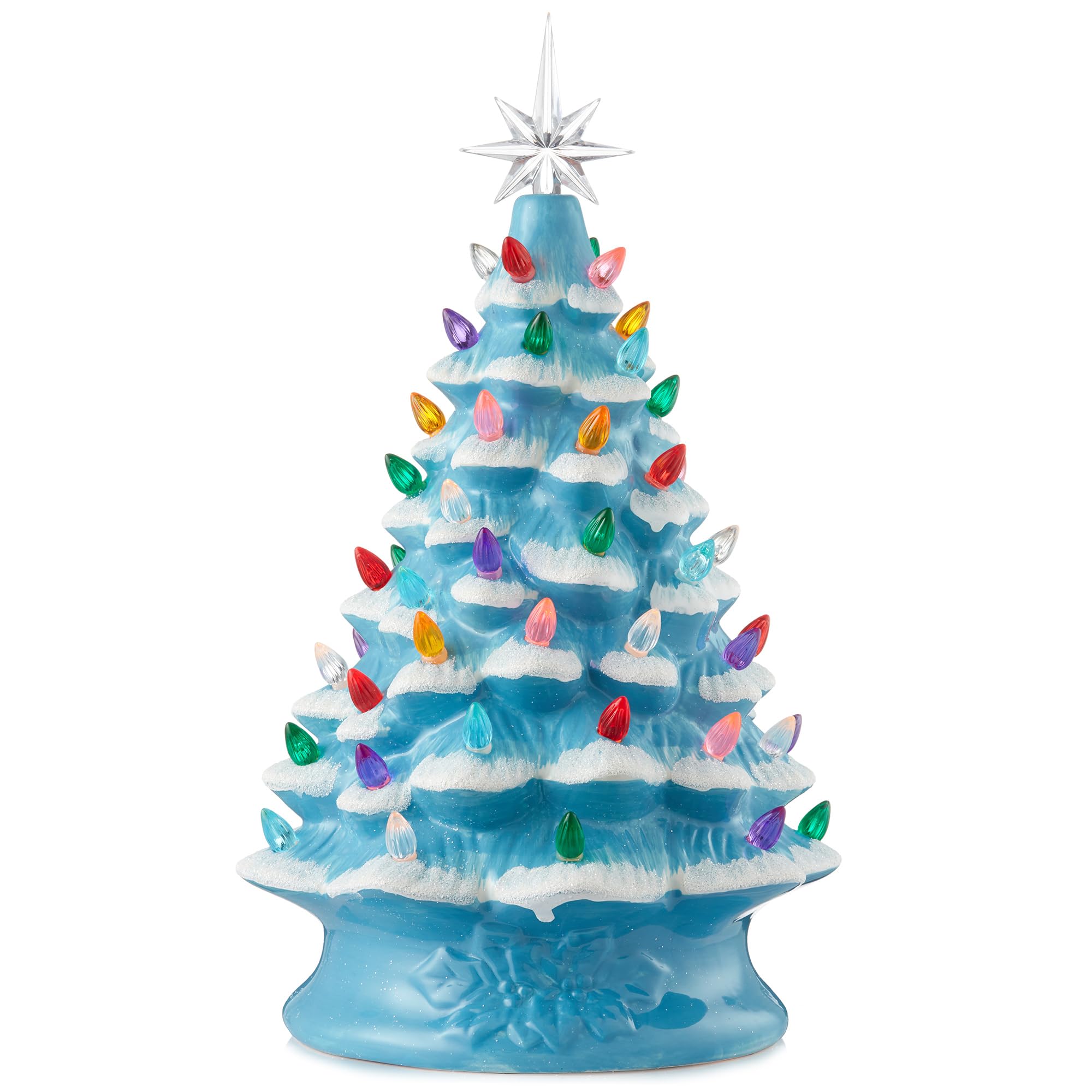 Casafield Hand Painted Ceramic Christmas Tree, Blue Snow Flocked 15-Inch Pre-Lit Tree with 128 Multi Color Lights and 2 Star Top