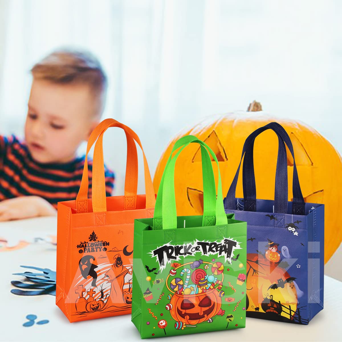 Aviski 8PCS Halloween Trick or Treat Bags  Small Halloween Tote Bags with Handles  Gift Bags  Multifunctional Non-Woven Halloween Bags for Gifts Wrapping  Trick or Treat  Halloween Party Supplies
