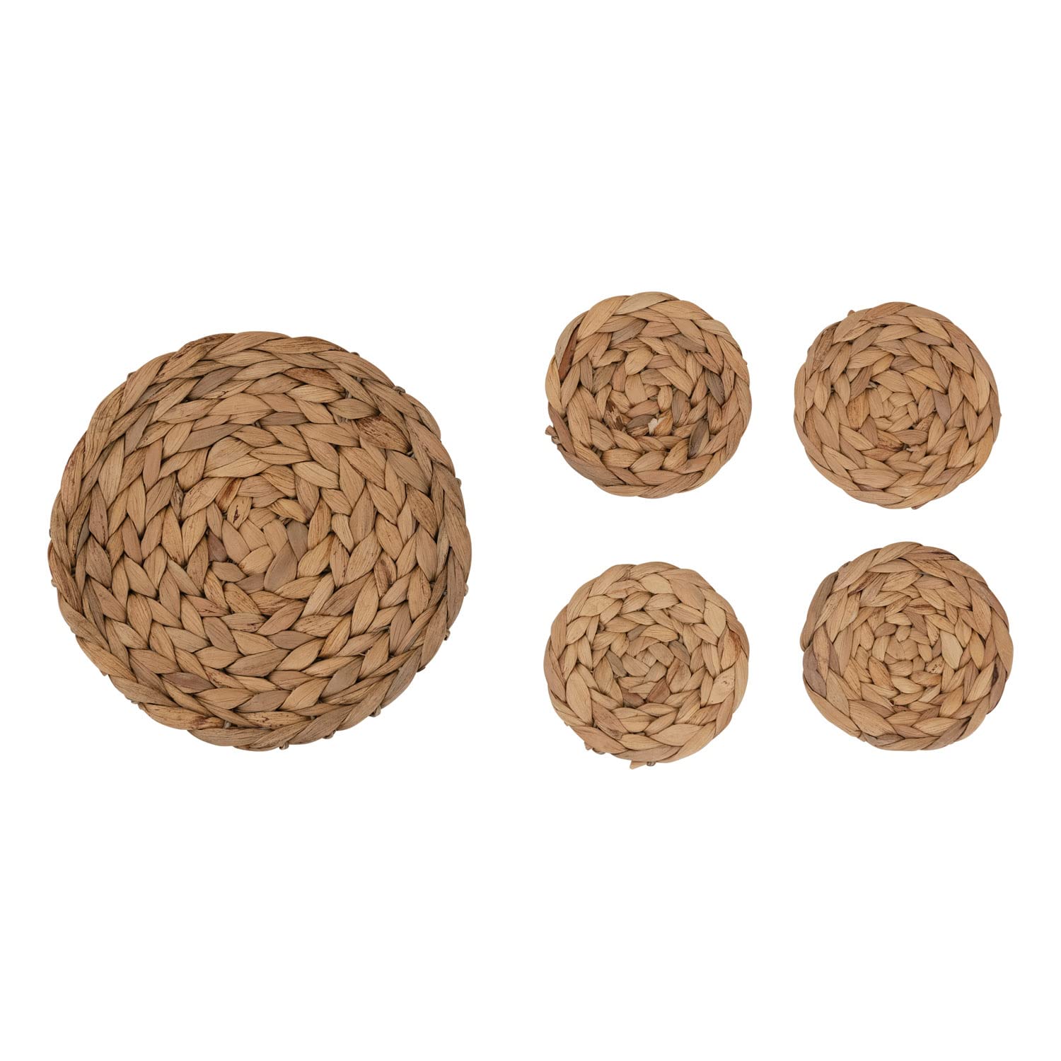 Creative Co-Op Hand-Woven Water Hyacinth Trivet And 4'' Round, Set Of 5 Coasters, 10'' L X 10'' W X 1'' H, Natural