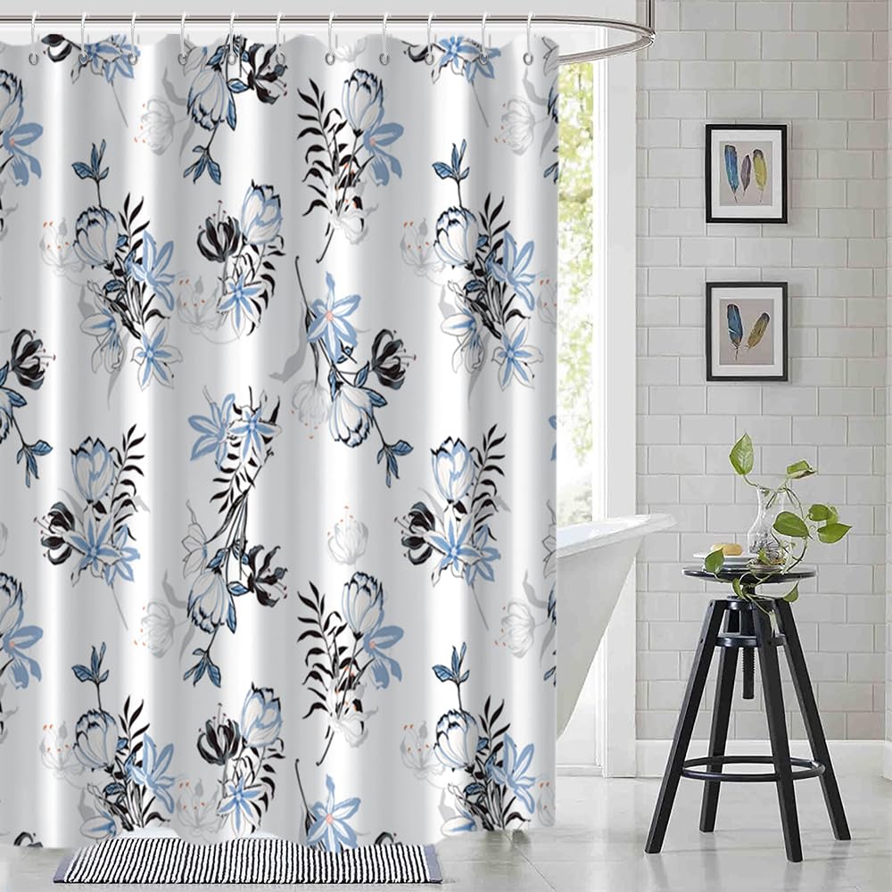 Ruelvth Blue Floral Shower Curtain, Watercolor Blue And Grey Shower Curtain For Bathroom Waterproof Fabric Aesthetic Shower Curt
