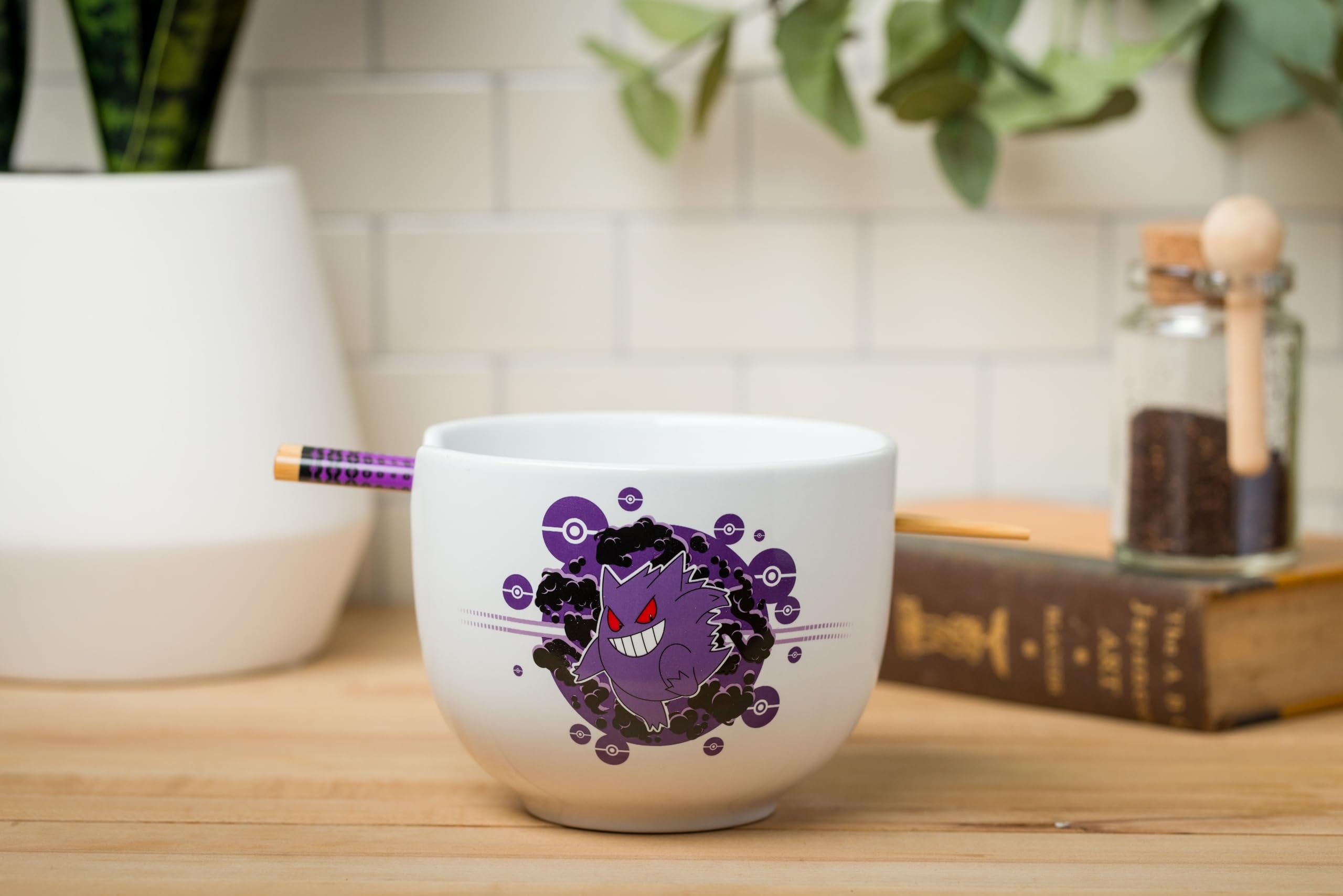 Silver Buffalo Pokemon Gengar Pokeball Ceramic Ramen Noodle Rice Bowl With Chopsticks, Microwave Safe, 20 Ounces