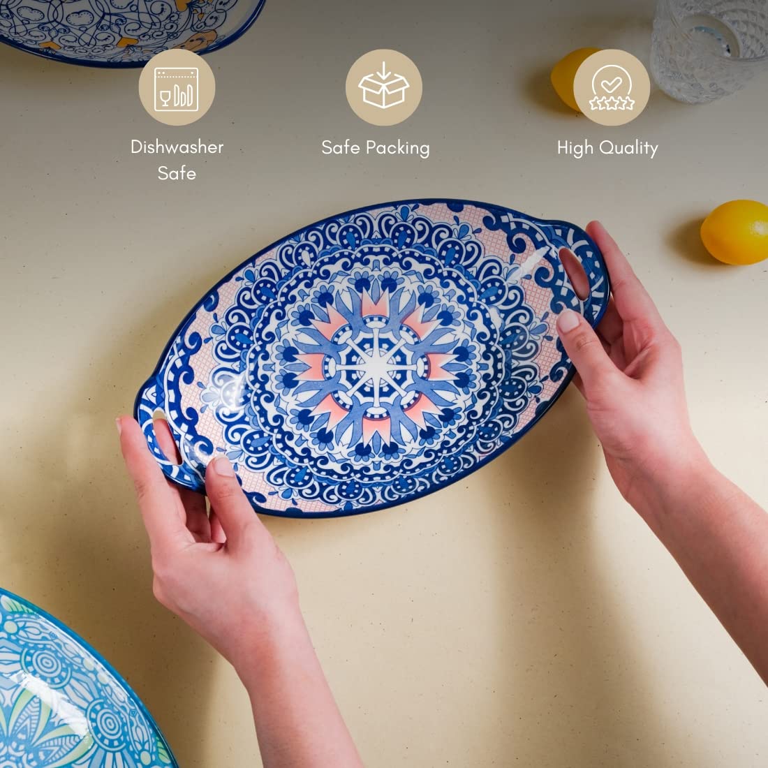 Nestasia Blue Mandala Ceramic Long Dish with Handles for Serving Snacks, Appetizers, Salads, and Noodles| Microwave Safe, Dishwa