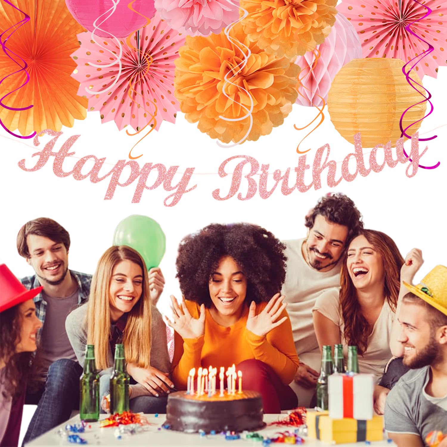 Hot-Pink Orange Fall Birthday Party-Decorations - 21Pcs Autumn Women Peach Happy Banner,Girls Groovy Paper Streamers Lanterns Ho