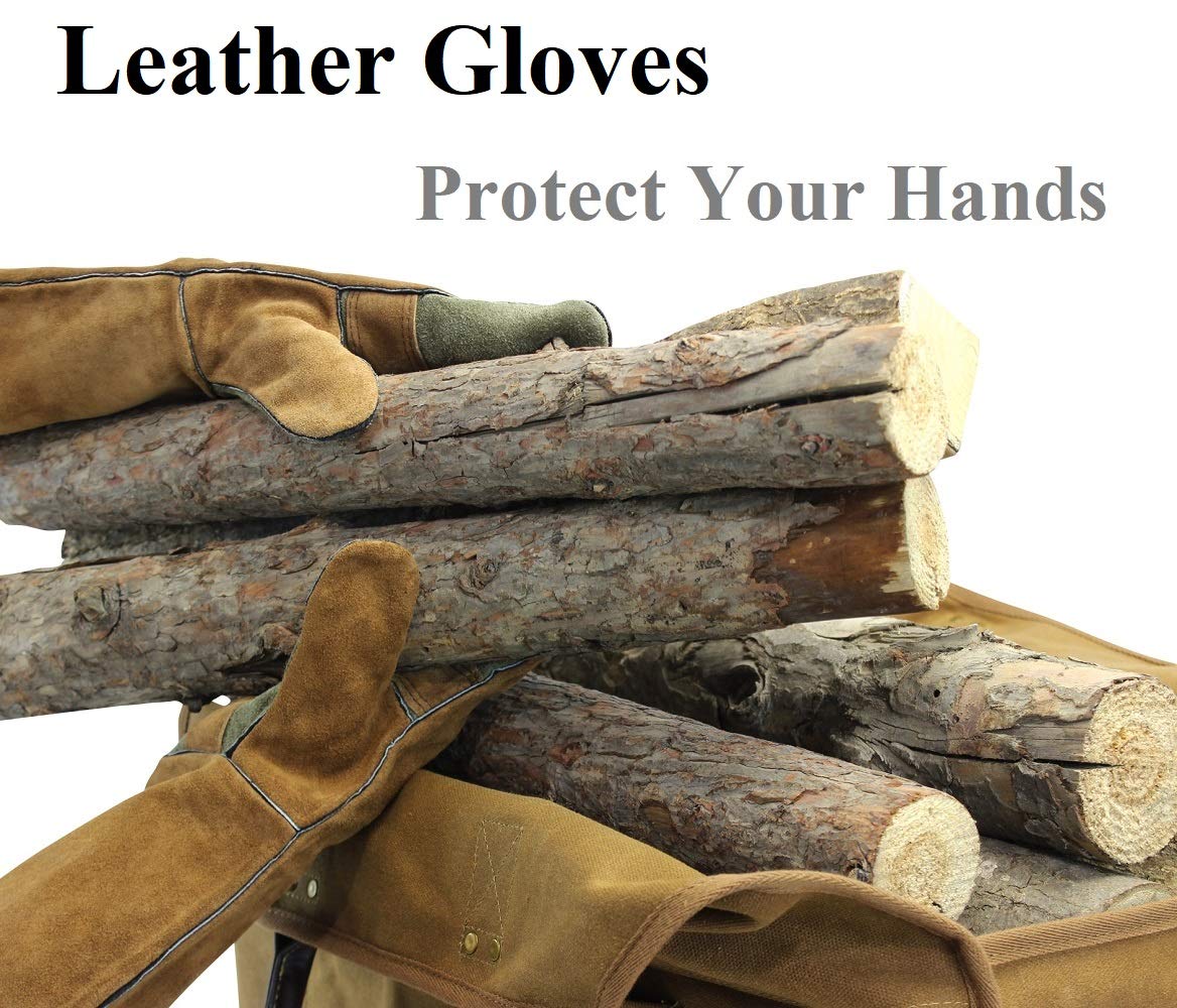 Inno Stage Firewood Log Carrier Bag Waxed Canvas Tote Holder With Fireplace Pure Leather Gloves For Hay Hauling Outdoor Camping,