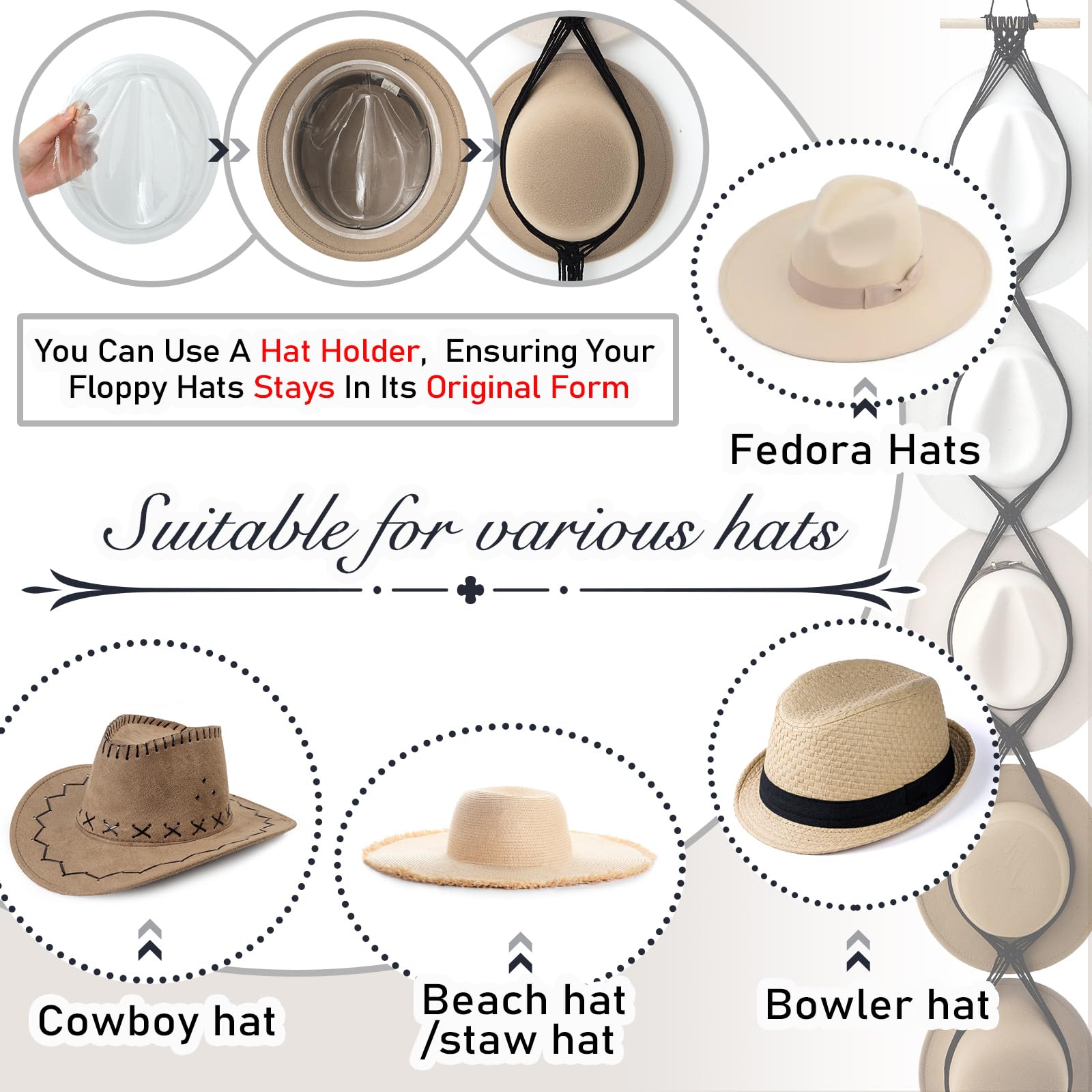 Yulejo Macrame Hat Hangers Boho Hat Rack Cowboy Hat Hanger Back Of Door Hat Organizer (Black,Five Hats Style)