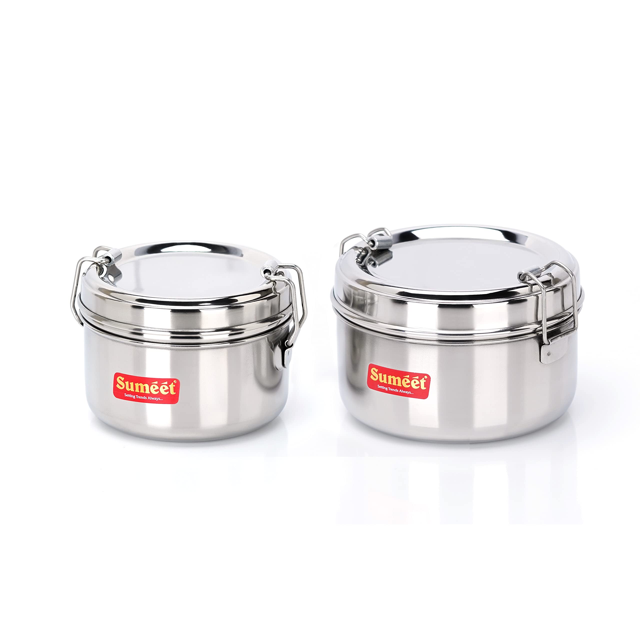 Sumeet Stainless Steel Meal Pack Lunch Box/Tiffin With Steel Separator Plate And Locking Clip, Set Of 2Pc, 250Ml & 300Ml, 9.5Cm 