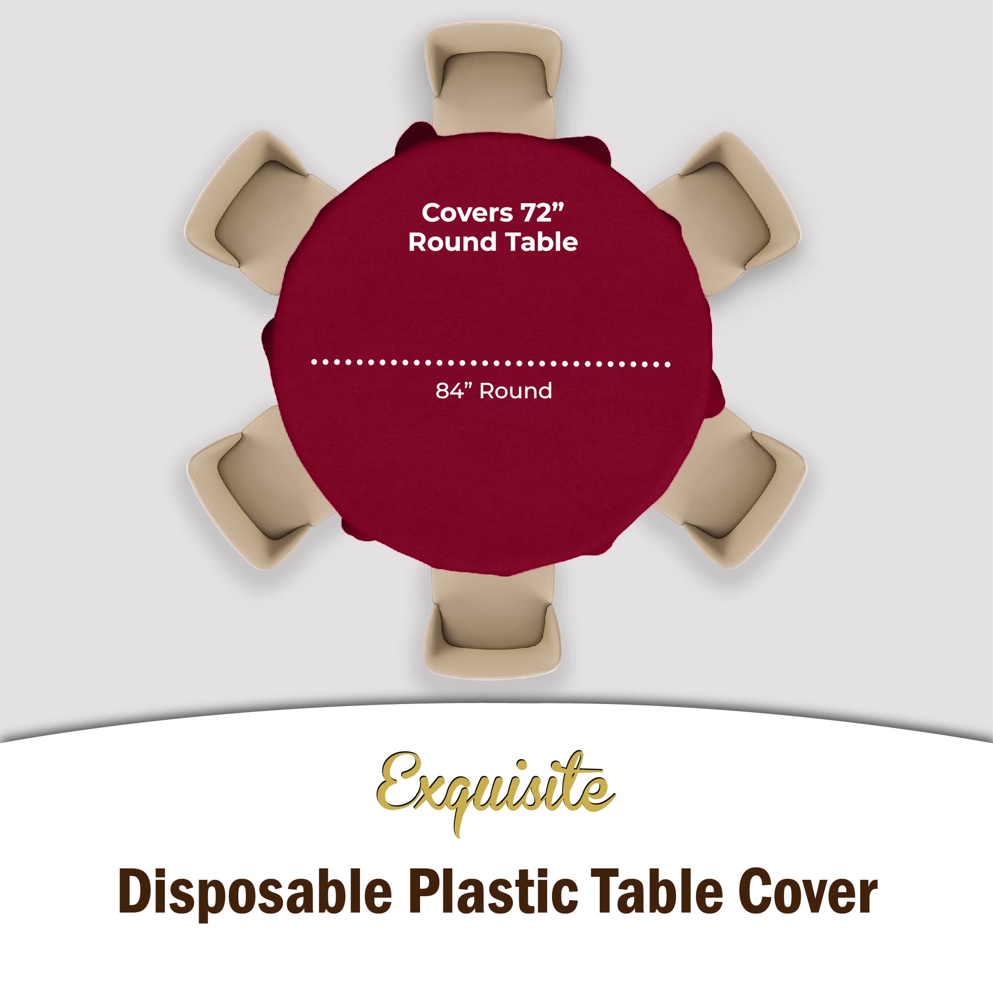Exquisite 6-Pack Premium Plastic Tablecloth 84In. Round Plastic Table Cover - Burgundy