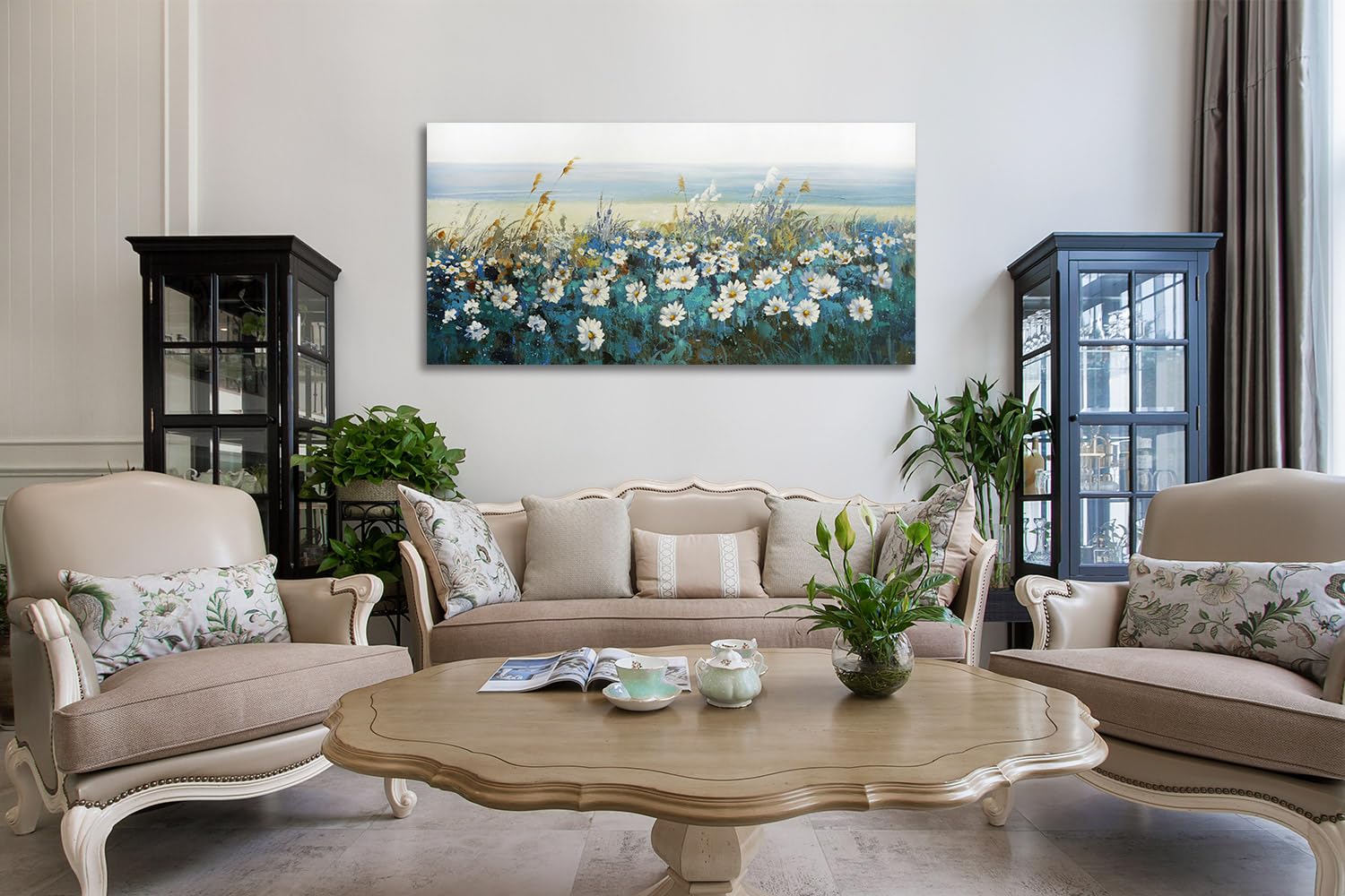 Arjun Flowers Wall Art Canvas White Daisy Floral Painting Blue Coastal Landscape Picture, Modern Extra Large Size Framed Artwork