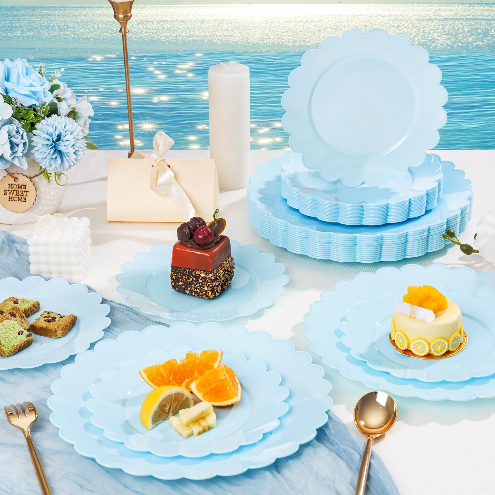 supernal 100pcs Blue Scalloped Plastic Plates-Blue Disposable Plates Heavy Duty-Disposable Plate Set for Party Wedding-Include 5