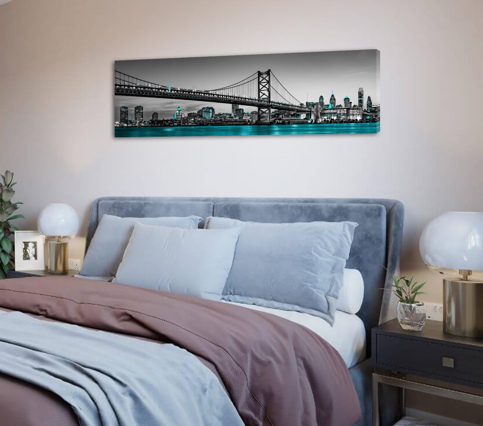 JiazuGo Philadelphia Skyline City Canvas Wall Art Decor 14''x48'' Black and White Aqua Green Teal Panorama Cityscape Pictures Artwork Painting Poster for Bedroom Office Decoration Stretch Framed