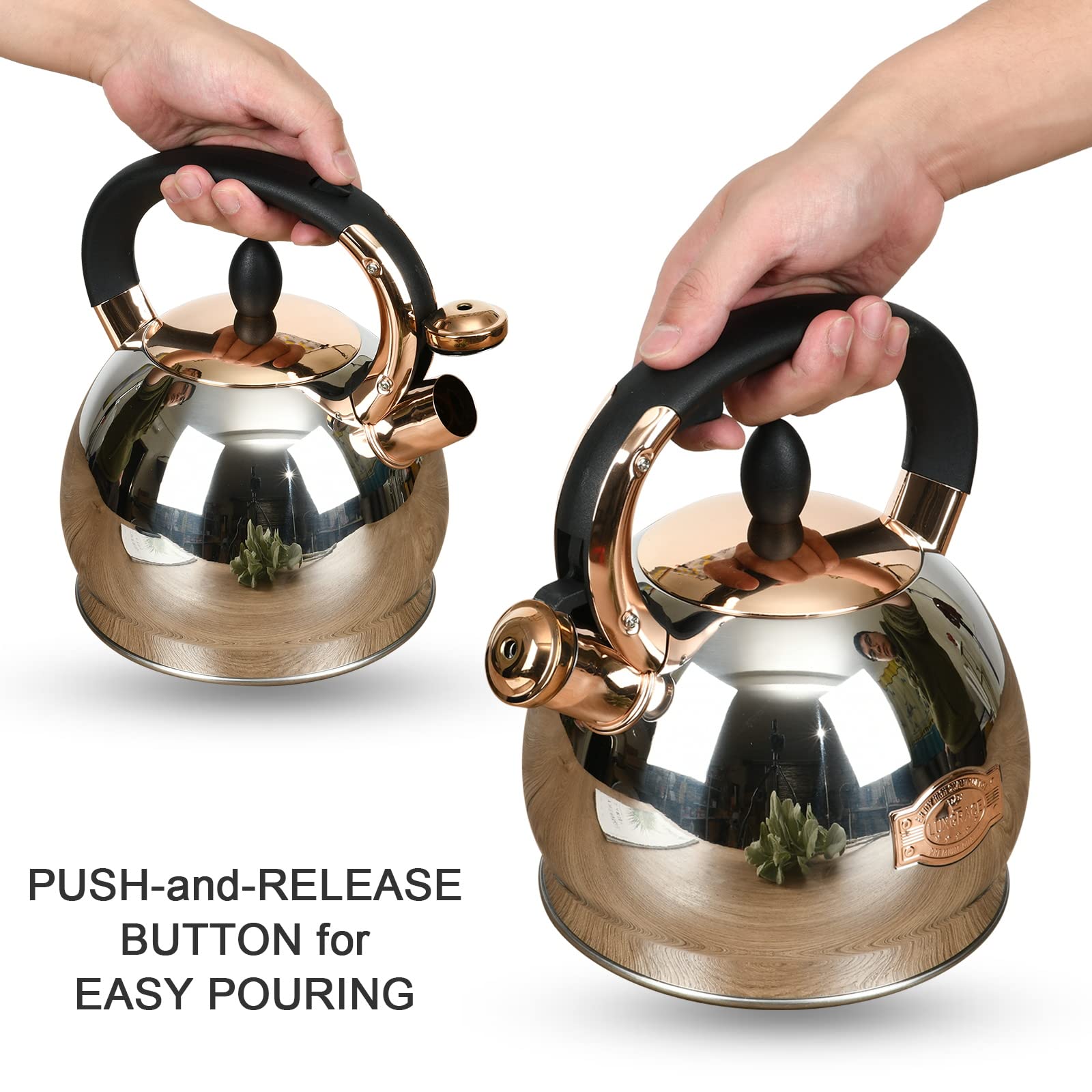 LUXGRACE Stainless Steel Whistling Tea Kettle, 2.8 Quart, Silver, Model T04, Quick Heat Distribution, Metal Capsulated Bottom