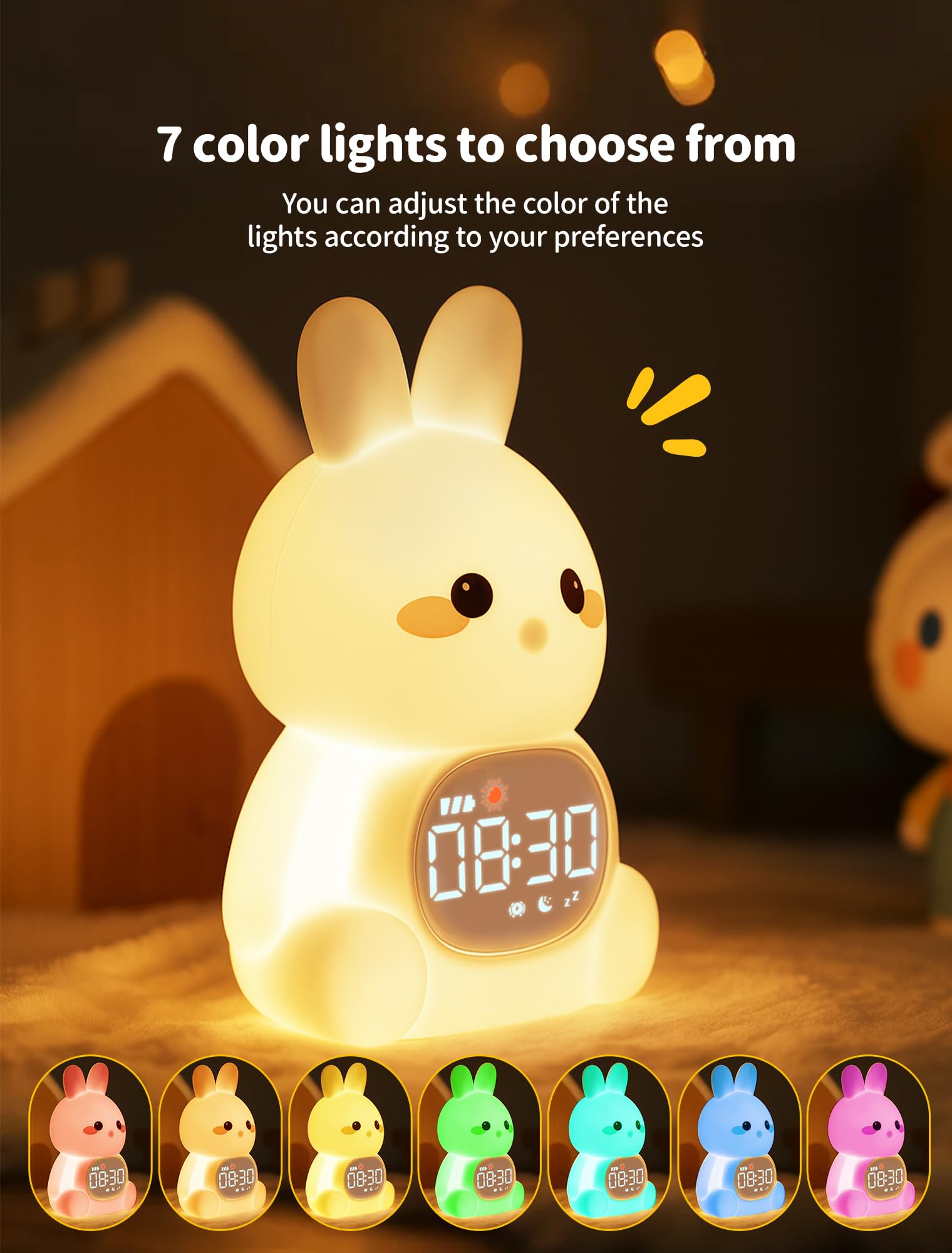 MASHI Bunny Alarm Clock, Toddler Sleep Training Clock with Sun & Moon, Sleep Sound Machine, Night Lights, Alarm Clock for Kids,