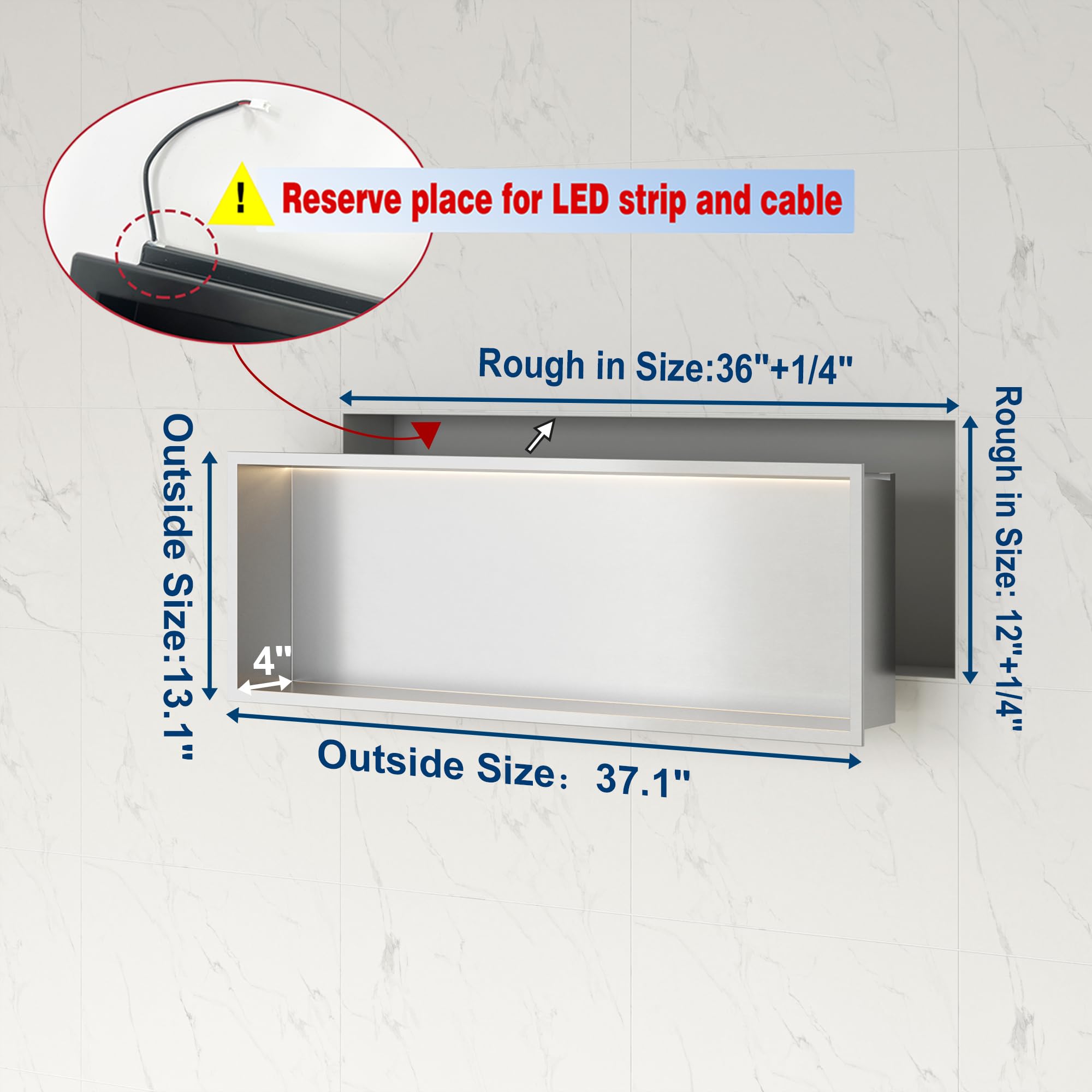 Neodrain Shower Niche, Brushed 36X12 In Stainless Steel Wall Niche, No Tile Needed Wall Niche For Bathroom Storage Over Mount In