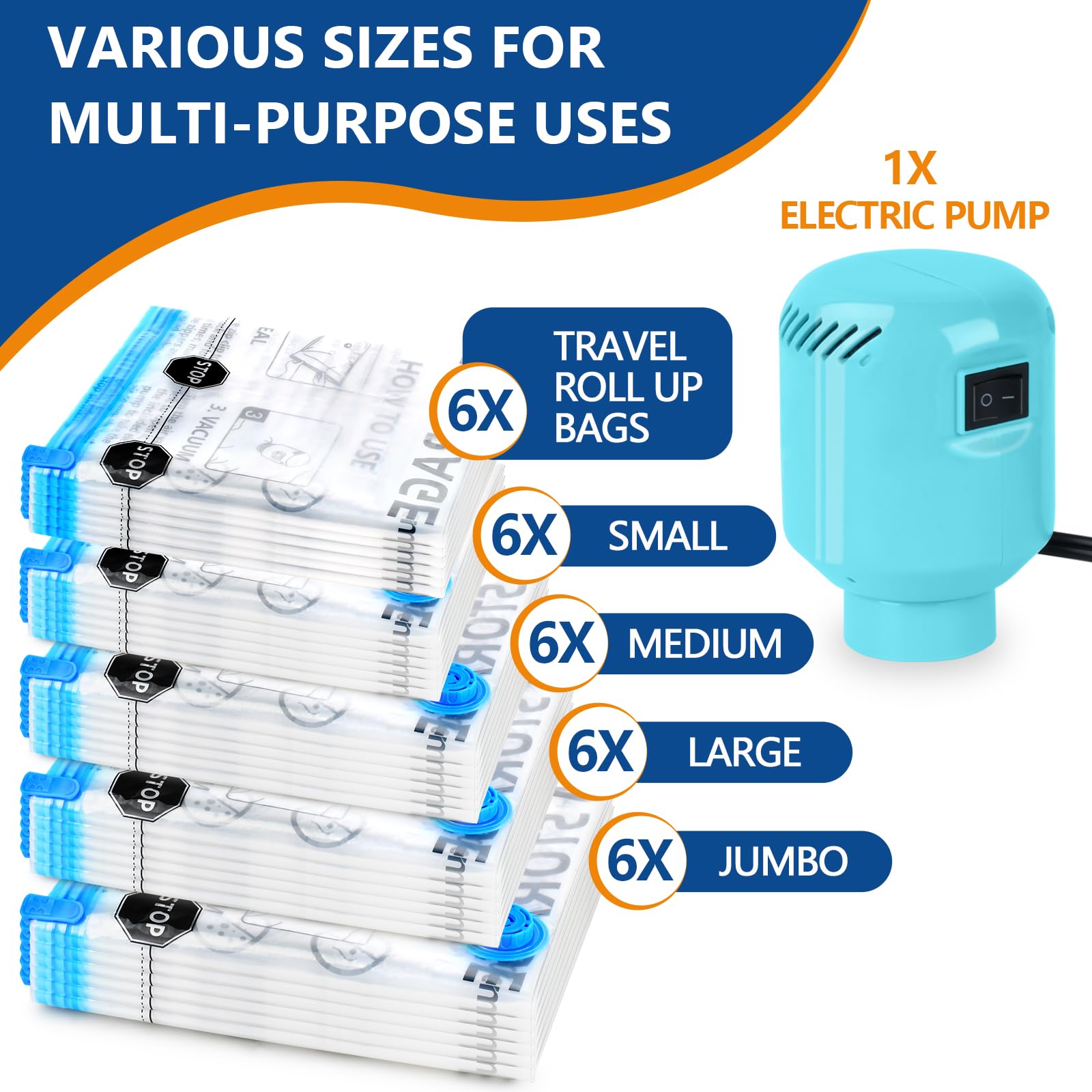 Zpp Vacuum Storage Bags With Electric Pump, 30 Pack (6 Jumbo, 6 Large, 6 Medium, 6 Small, 6 Roll Up Bags) Vacuum Seal Bags For C