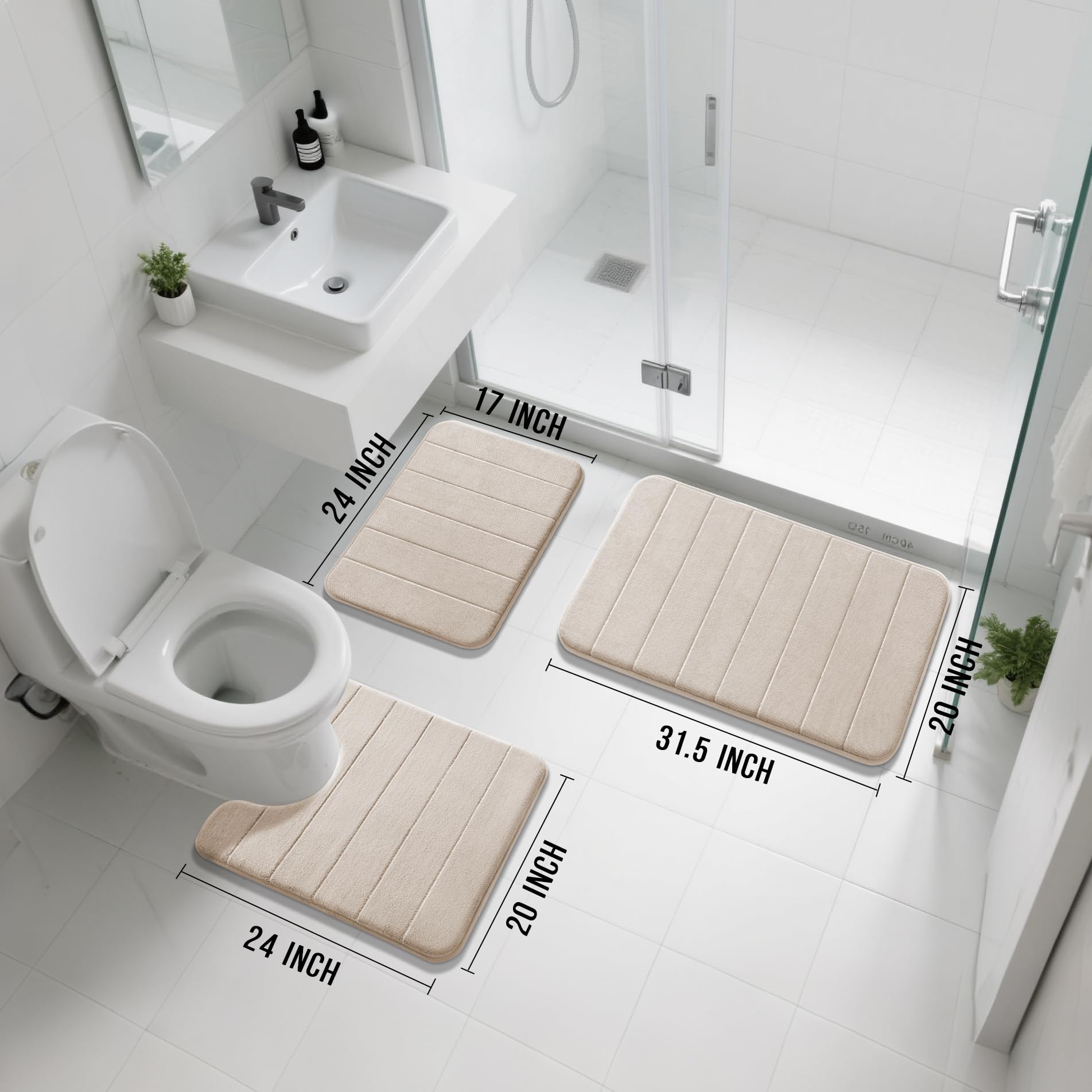 Yimobra 3 Pieces Memory Foam Bath Mat Sets  31.5 x 19.8 + 17x24 and U-Shaped for Bathroom Rugs  Toilet Mats  Non-Slip  Soft Comfortable  Water Absorption  Machine Washable  Beige