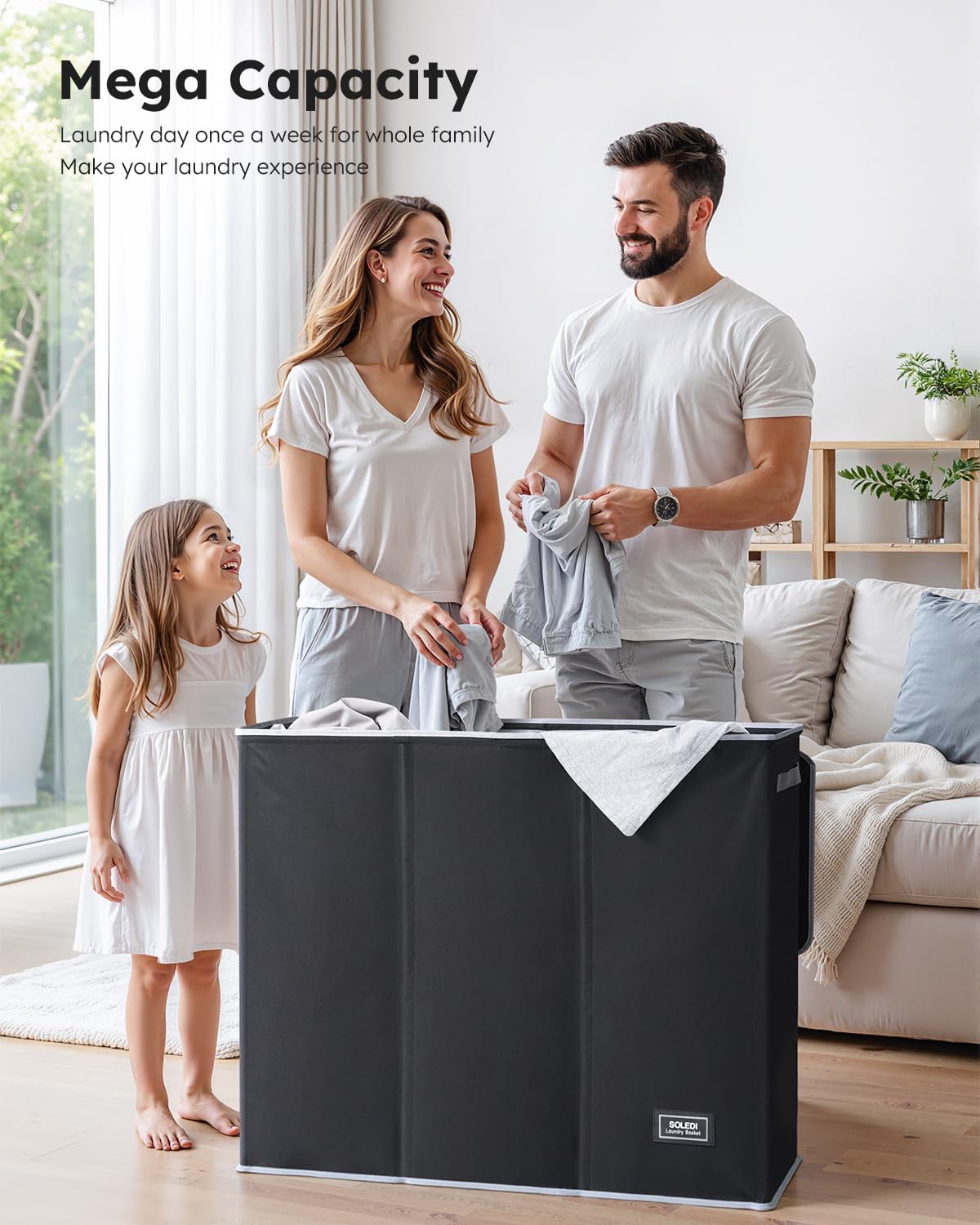 Soledi 160L Laundry Hamper 3 Section, Extra Large Laundry Hamper With Lid, Dirty Clothes Hamper With Sturdy Handle, Large Laundr