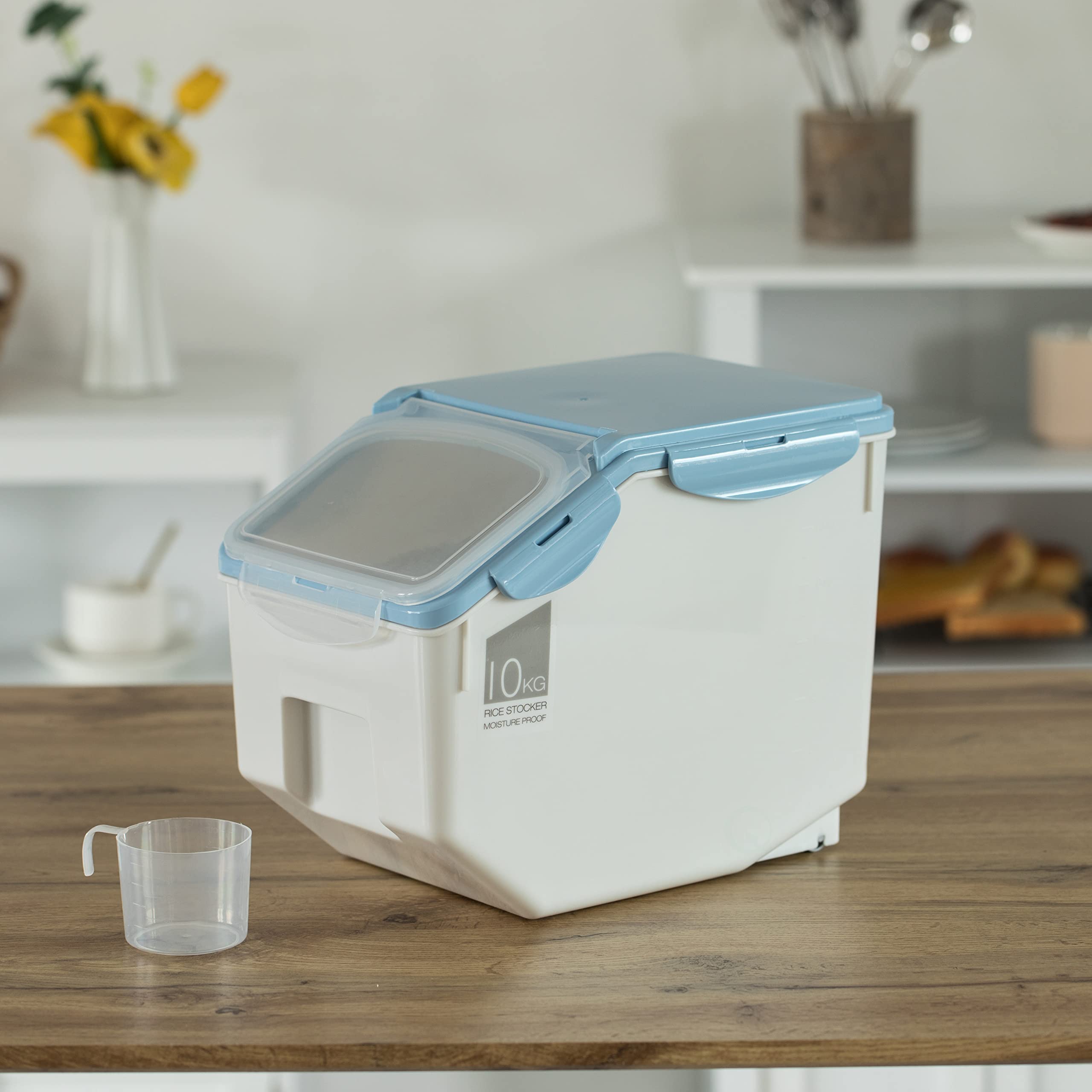 Basicwise White Plastic Storage Food Holder Containers, Set Of 2, With A Measuring Cup And Wheels, Medium, Clear, (Qi004138M.2)