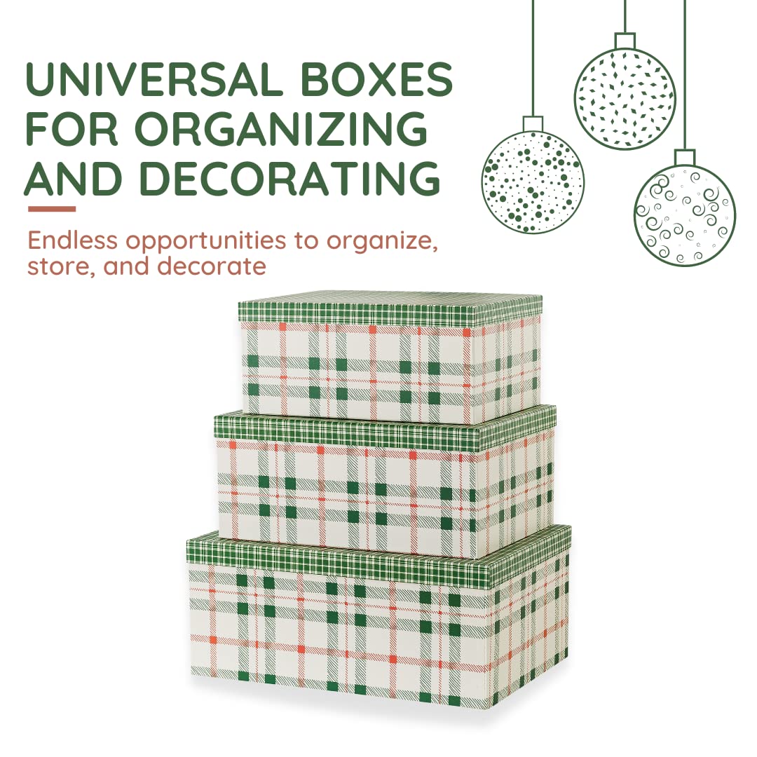 Soul & Lane Plaid Christmas Gift Box - Set of 3: Holiday Decor Storage Box, Decorative Photo Storage, Keepsake Boxes with Lids,