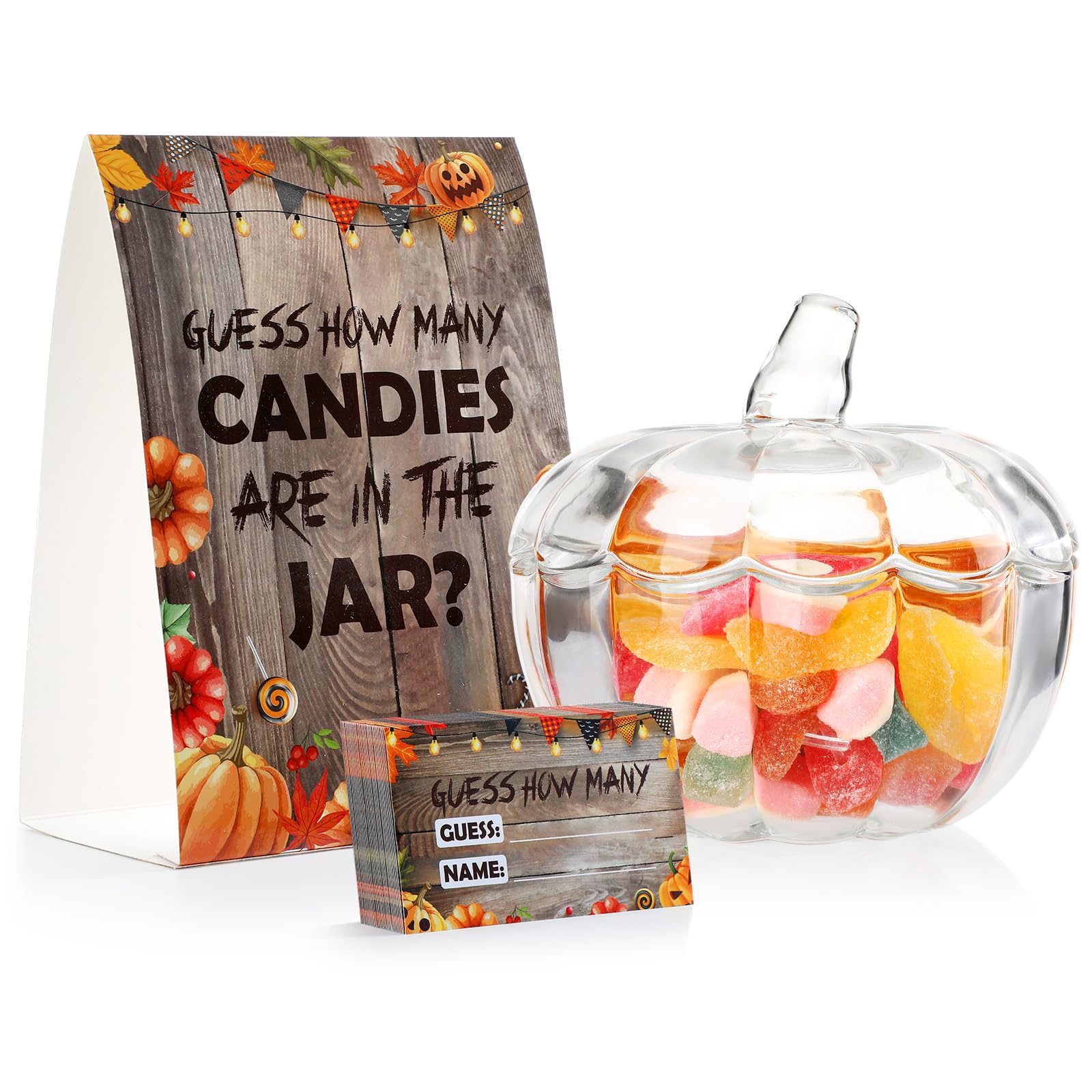 Yungyan 52 Pcs Halloween Glass Candy Jar with Lid Guess How Many Candies Set Includes 1 Standing Sign 50 Pcs Guessing Cards 1 Pu