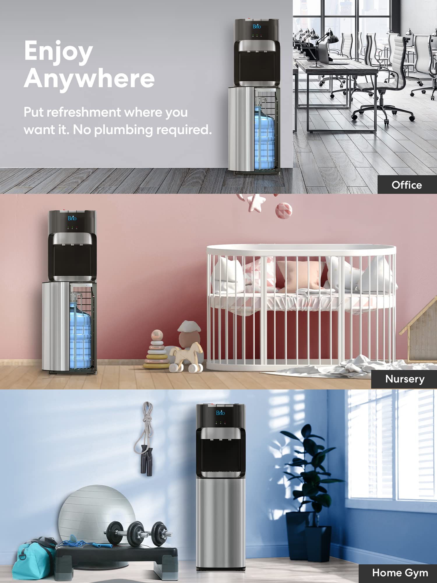 Brio Bottom Loading Water Cooler Dispenser For 5 Gallon Bottles - 3 Temperatures With Hot, Room & Cold Spouts, Child Safety Lock