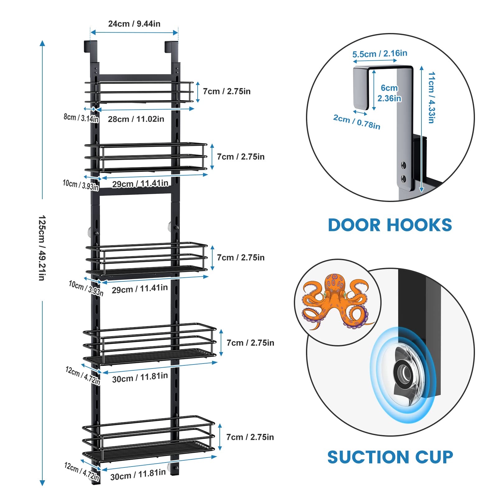 Purdaz Adjustable 5-Tier Over the Door Pantry Organizer, Spice Rack, Narrow Hanging Shelf for Kitchen Storage and Organization