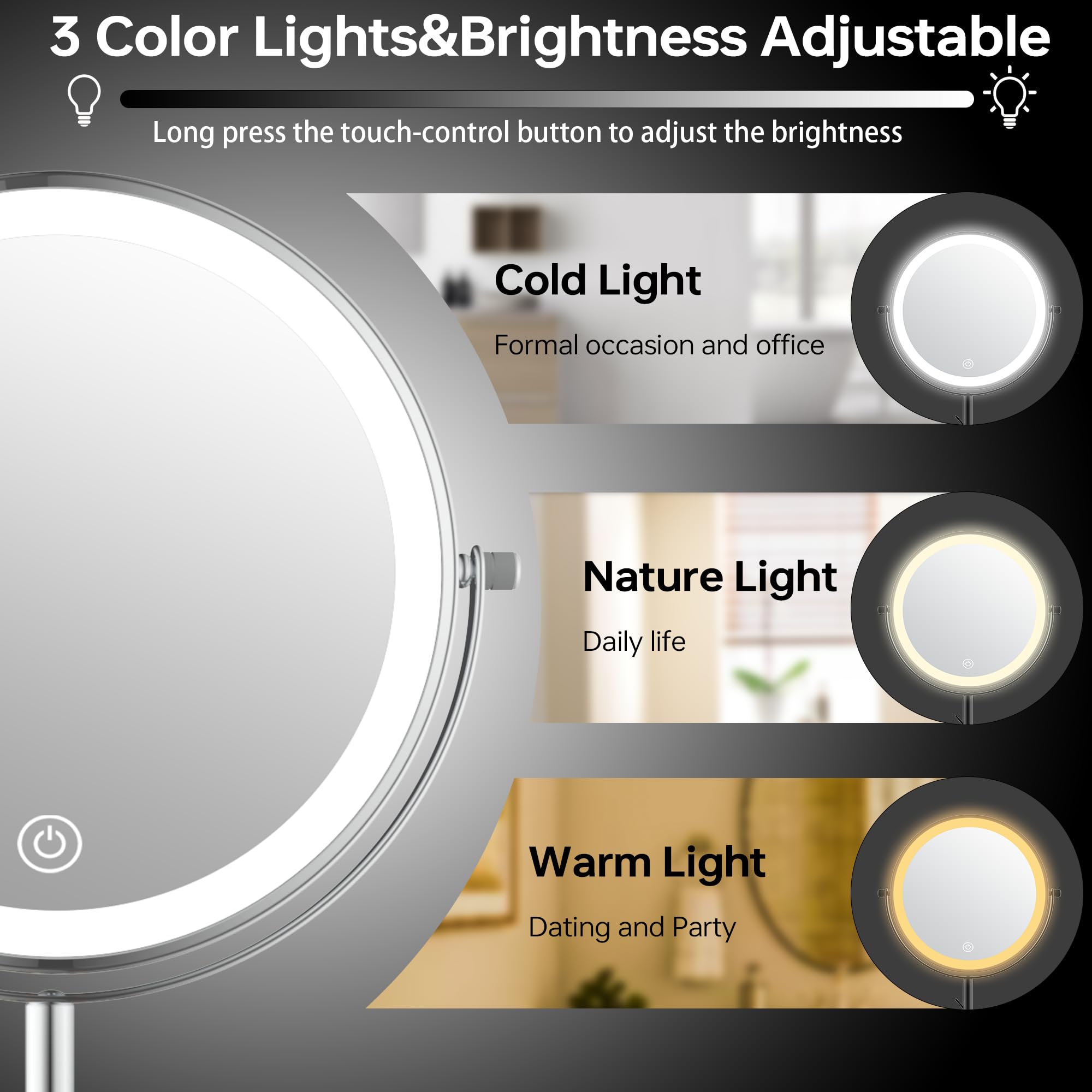 Lansi 8'' Lighted Makeup Mirror With Lights And Magnification,1X/10X Magnifying Mirror With Light,Vanity Mirror With Jewelry Hol