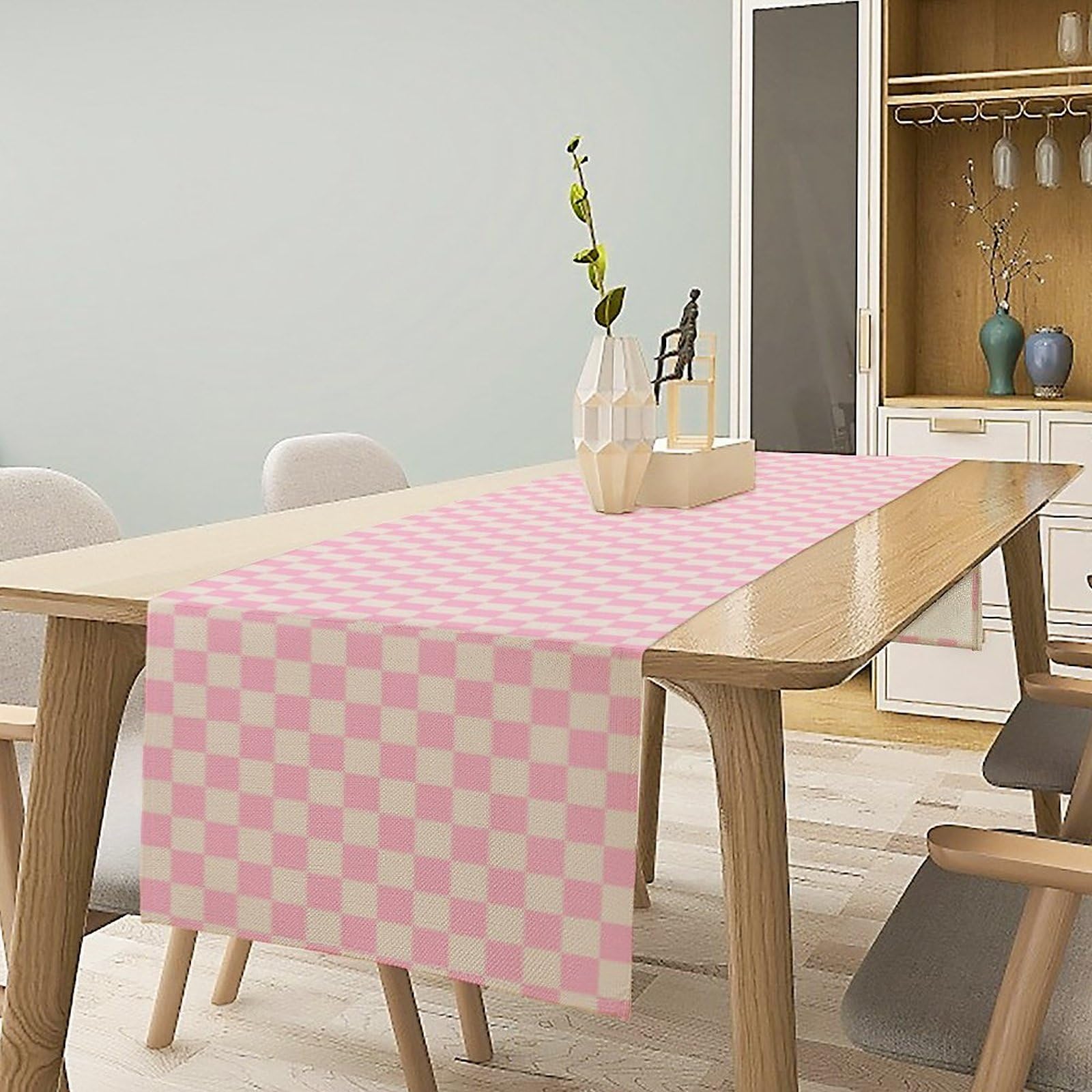 70s Hippie Table Runner Groovy Pink Grid Square Modern Geometric Boho Dinner Runner for Living Room Kitchen Party Holiday Dinner